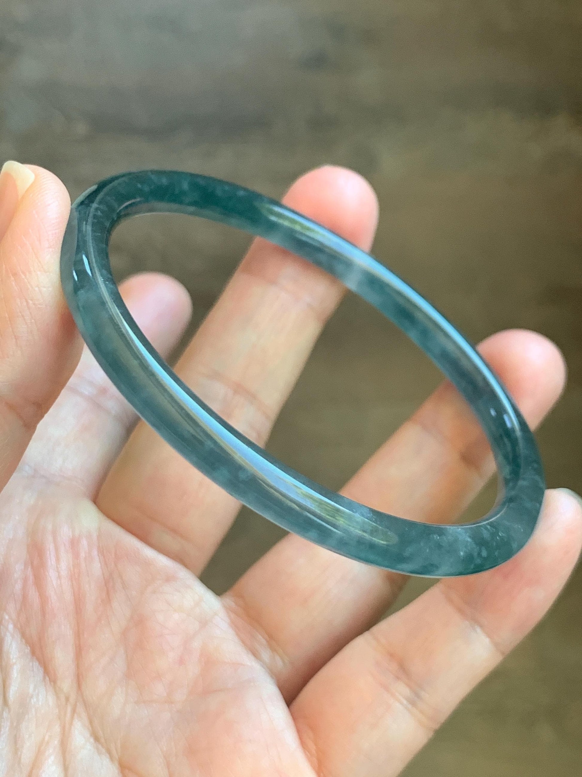 Certified Natural Grade A Guatemalan Icy Translucent Teal Blue Jade Jadeite Slim Bangle 60mm 7.42” 19.7g 天然冰胶危蓝绿翡翠细圆条手镯 1176