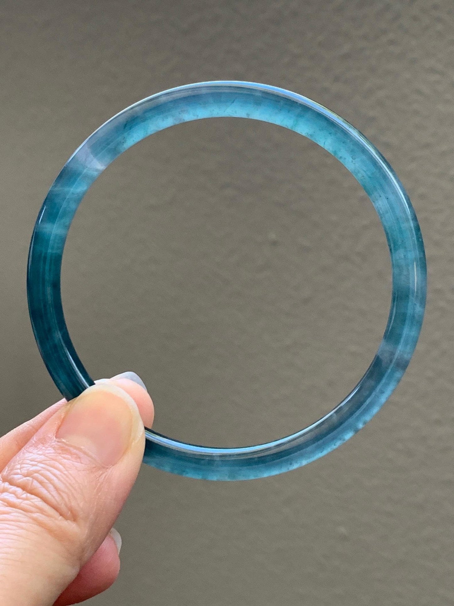 Certified Natural Grade A Guatemalan Icy Translucent Teal Blue Jade Jadeite Slim Bangle 60mm 7.42” 19.7g 天然冰胶危蓝绿翡翠细圆条手镯 1176