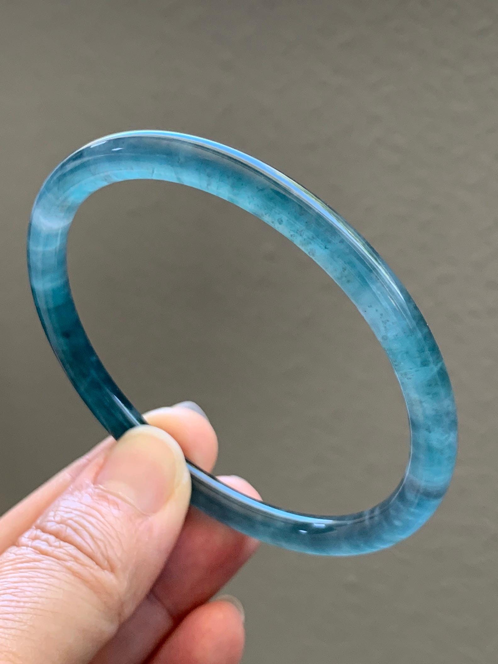 Certified Natural Grade A Guatemalan Icy Translucent Teal Blue Jade Jadeite Slim Bangle 60mm 7.42” 19.7g 天然冰胶危蓝绿翡翠细圆条手镯 1176