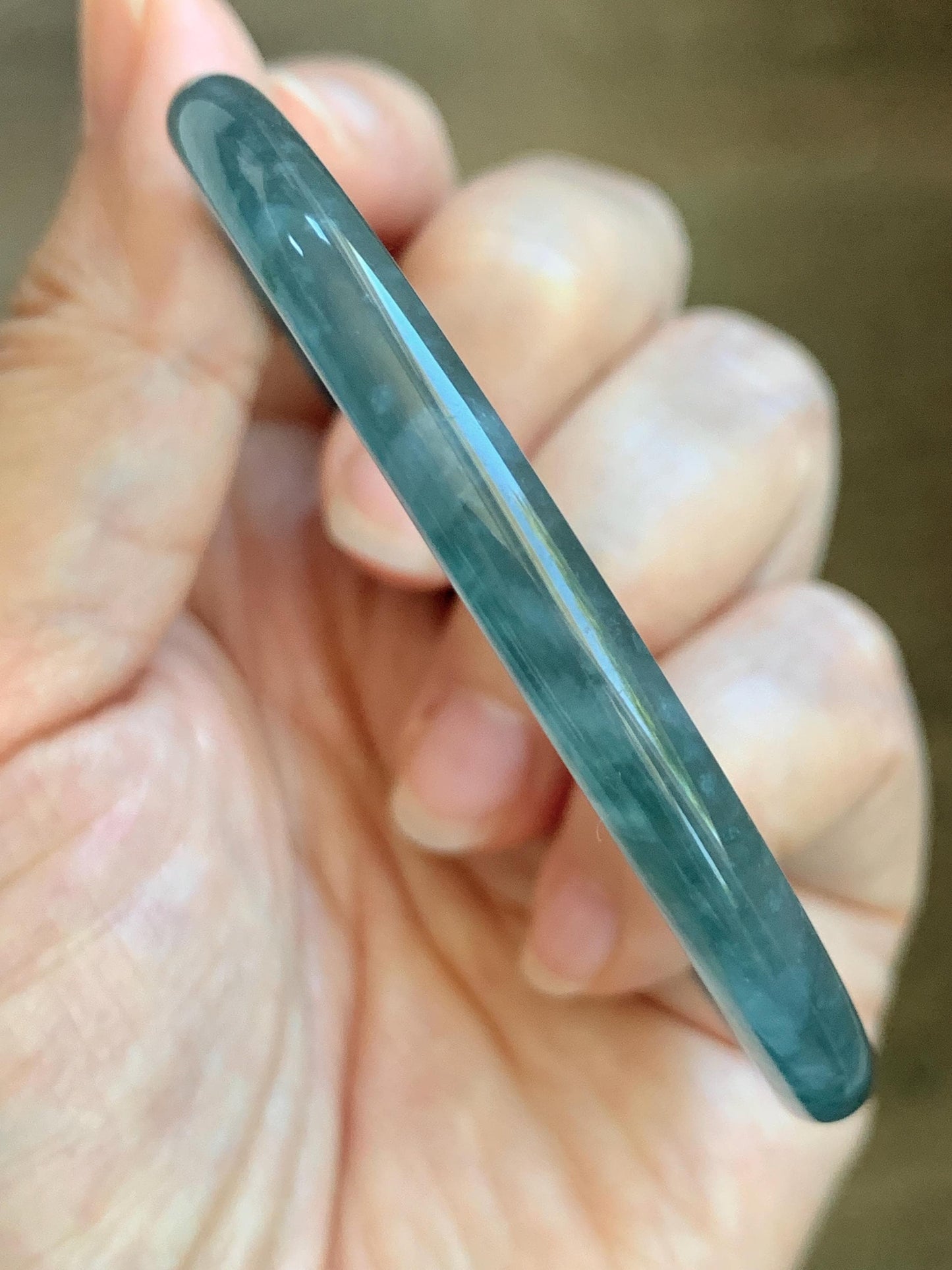 Certified Natural Grade A Guatemalan Icy Translucent Teal Blue Jade Jadeite Slim Bangle 60mm 7.42” 19.7g 天然冰胶危蓝绿翡翠细圆条手镯 1176