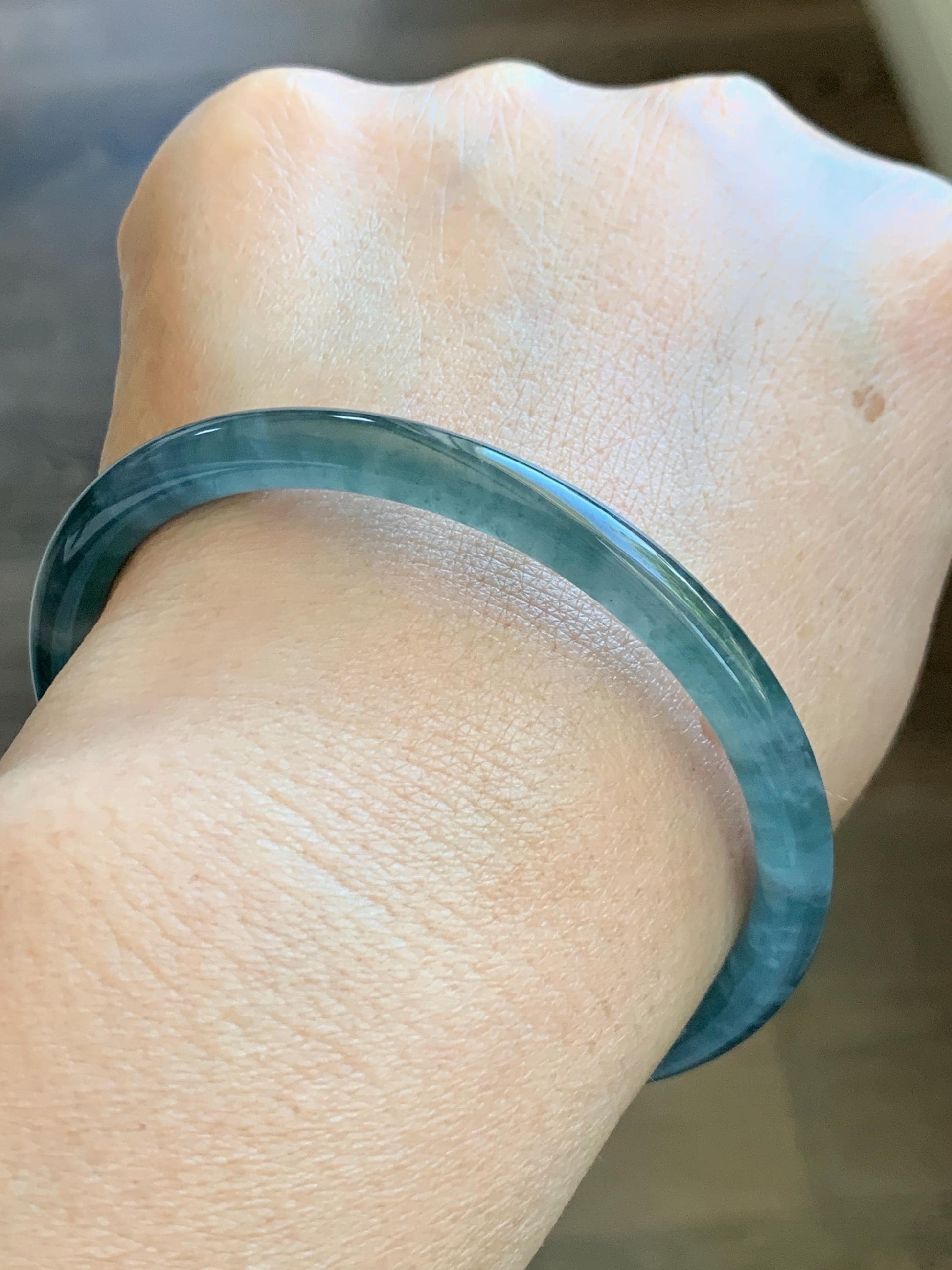 Certified Natural Grade A Guatemalan Icy Translucent Teal Blue Jade Jadeite Slim Bangle 60mm 7.42” 19.7g 天然冰胶危蓝绿翡翠细圆条手镯 1176
