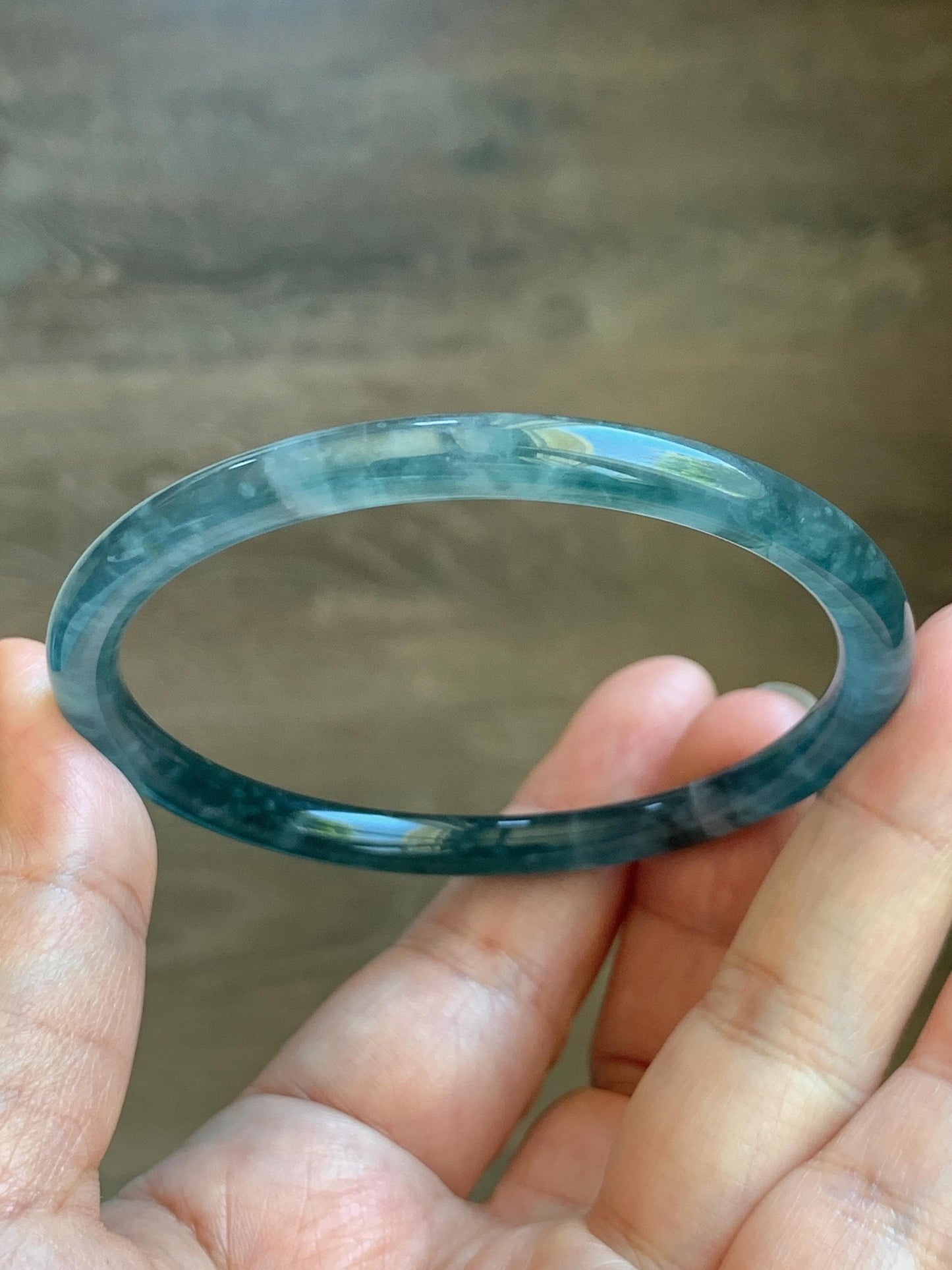 Certified Natural Grade A Guatemalan Icy Translucent Teal Blue Jade Jadeite Slim Bangle 60mm 7.42” 19.7g 天然冰胶危蓝绿翡翠细圆条手镯 1176
