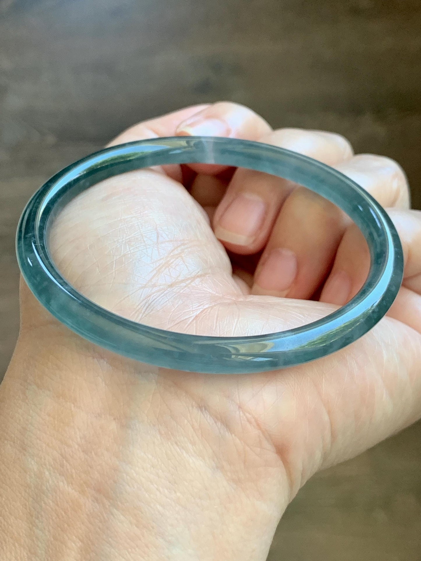 Certified Natural Grade A Guatemalan Icy Translucent Teal Blue Jade Jadeite Slim Bangle 60mm 7.42” 19.7g 天然冰胶危蓝绿翡翠细圆条手镯 1176
