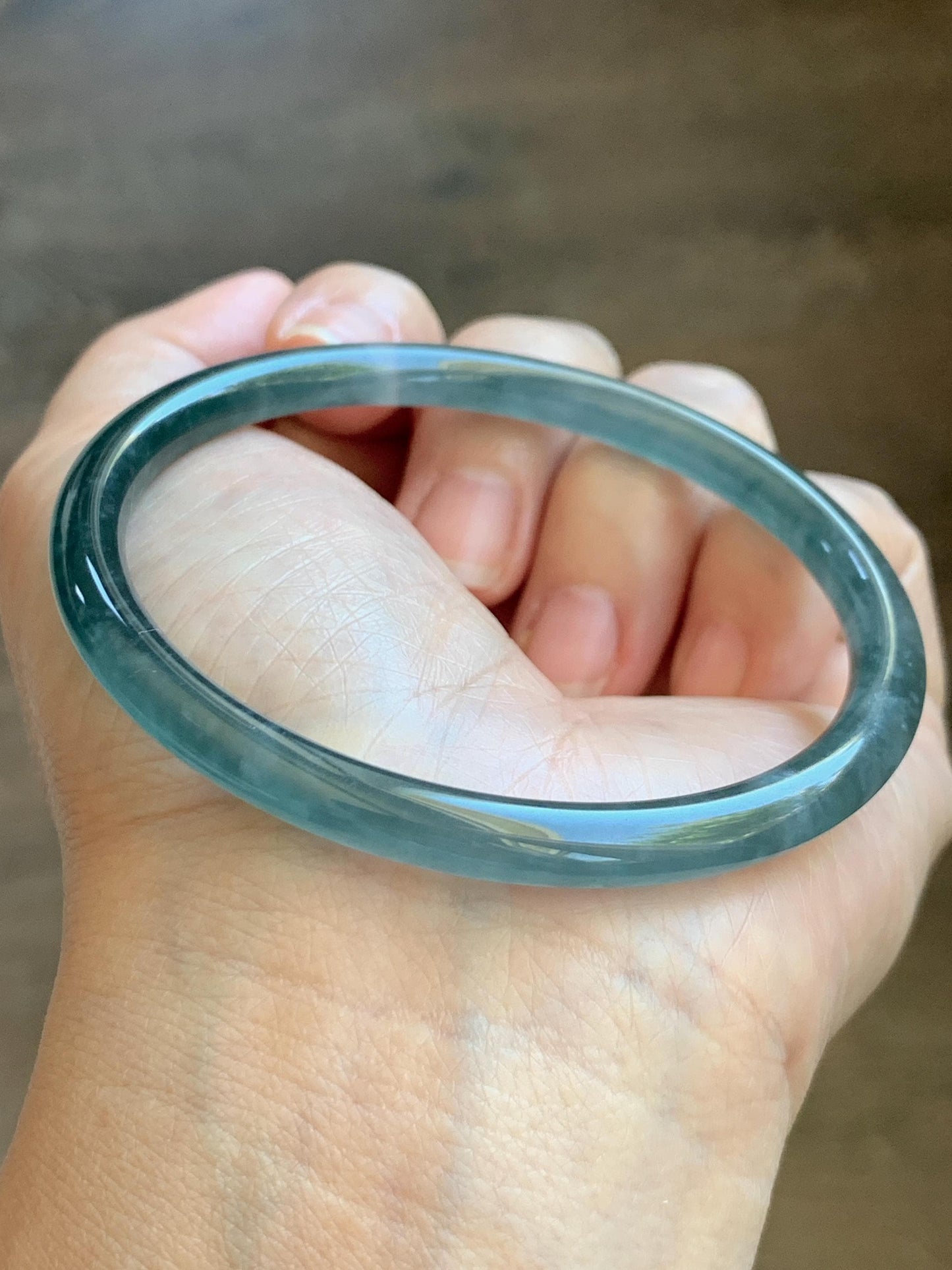 Certified Natural Grade A Guatemalan Icy Translucent Teal Blue Jade Jadeite Slim Bangle 60mm 7.42” 19.7g 天然冰胶危蓝绿翡翠细圆条手镯 1176