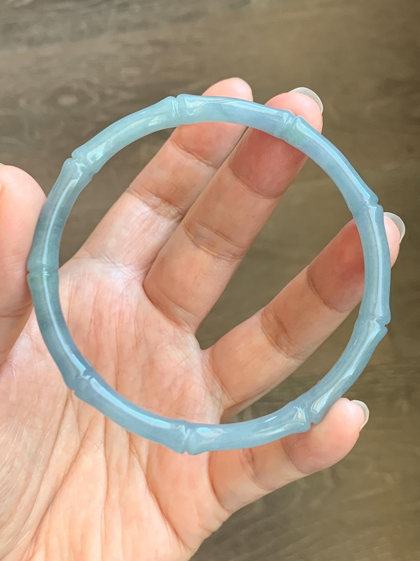 Certified Natural Grade A Guatemalan Icy Translucent Light Dusty Blue Jade Jadeite Carved Bamboo Bangle 65mm 8.04” 18g 天然冰危淡篮翡翠竹节细手镯 1169