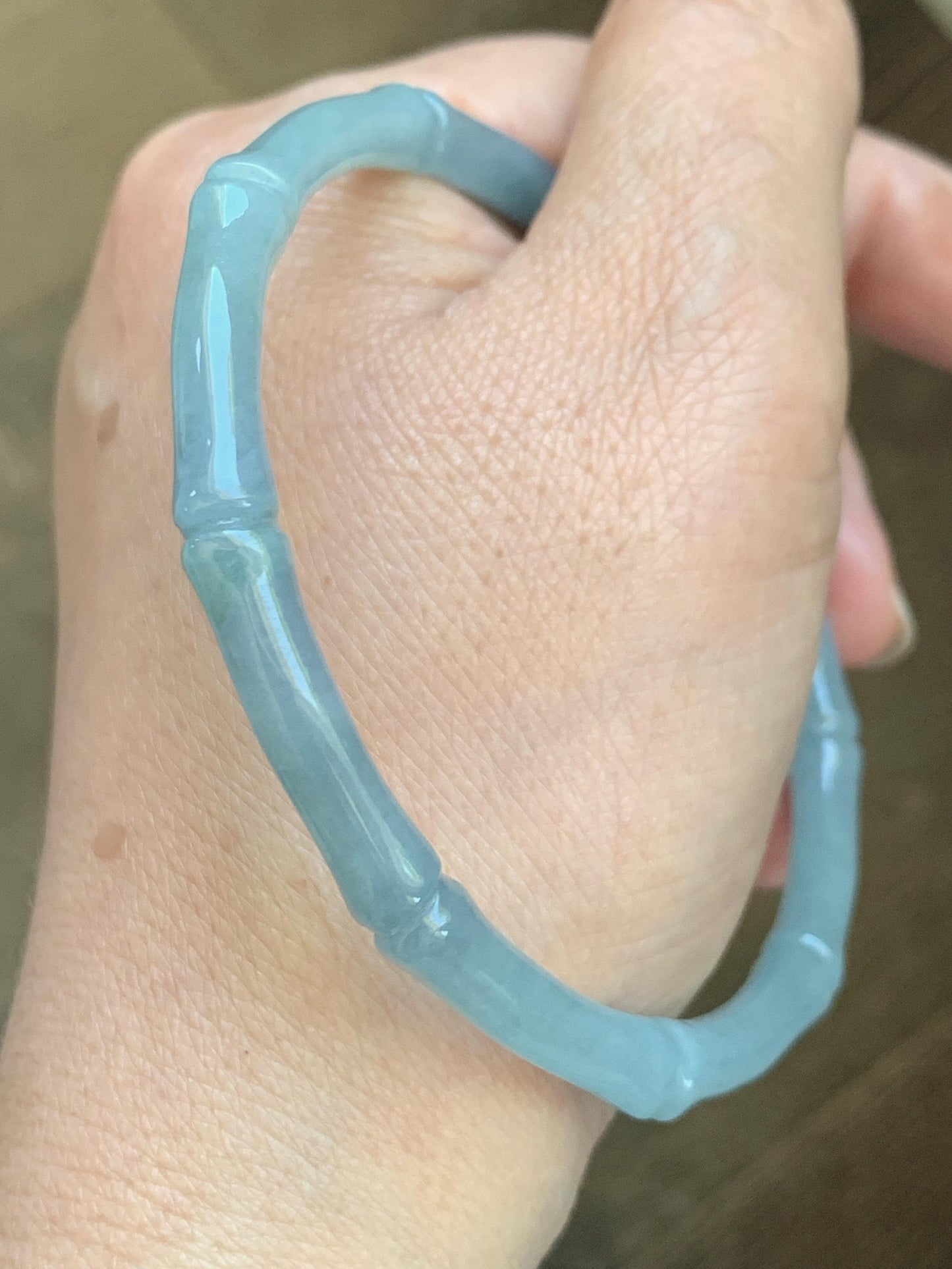 Certified Natural Grade A Guatemalan Icy Translucent Light Dusty Blue Jade Jadeite Carved Bamboo Bangle 65mm 8.04” 18g 天然冰危淡篮翡翠竹节细手镯 1169