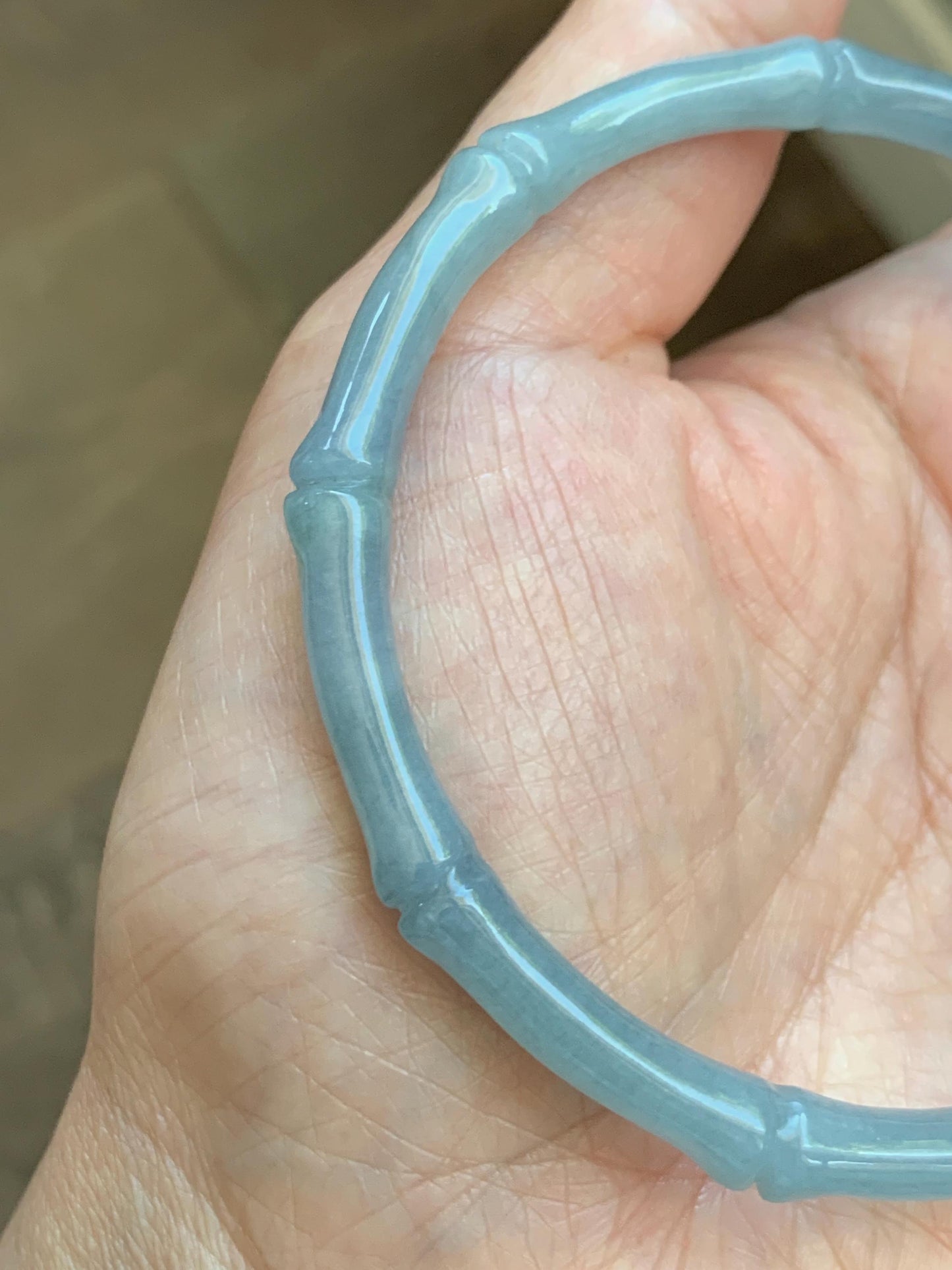 Certified Natural Grade A Guatemalan Icy Translucent Light Dusty Blue Jade Jadeite Carved Bamboo Bangle 65mm 8.04” 18g 天然冰危淡篮翡翠竹节细手镯 1169
