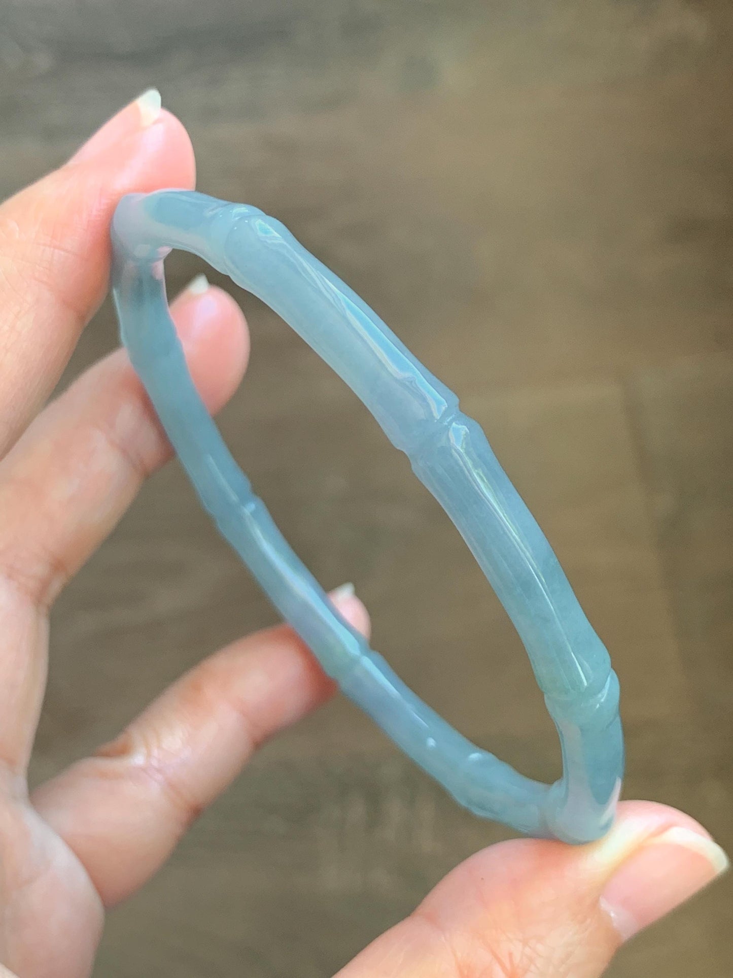 Certified Natural Grade A Guatemalan Icy Translucent Light Dusty Blue Jade Jadeite Carved Bamboo Bangle 65mm 8.04” 18g 天然冰危淡篮翡翠竹节细手镯 1169