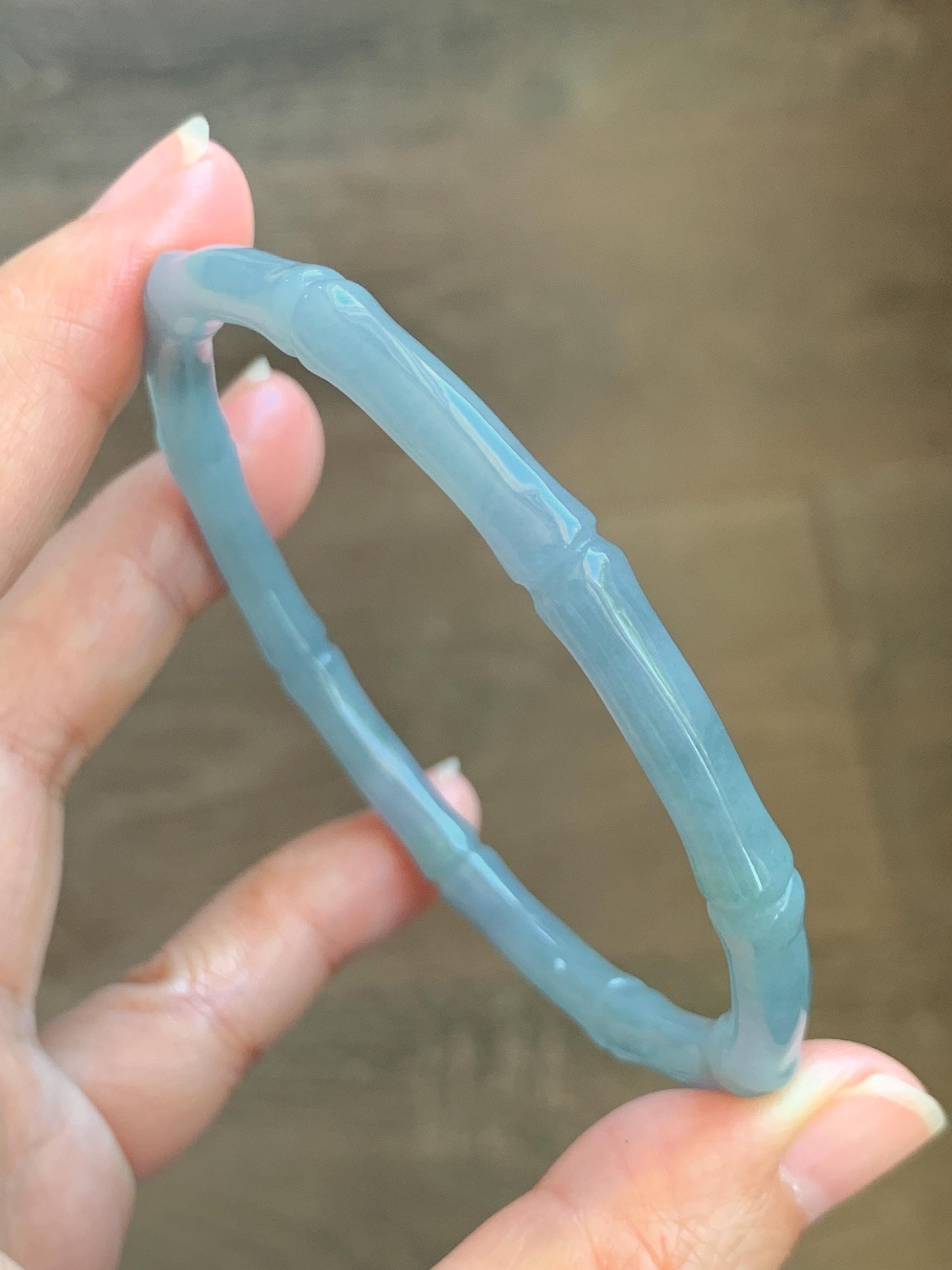 Certified Natural Grade A Guatemalan Icy Translucent Light Dusty Blue Jade Jadeite Carved Bamboo Bangle 65mm 8.04” 18g 天然冰危淡篮翡翠竹节细手镯 1169