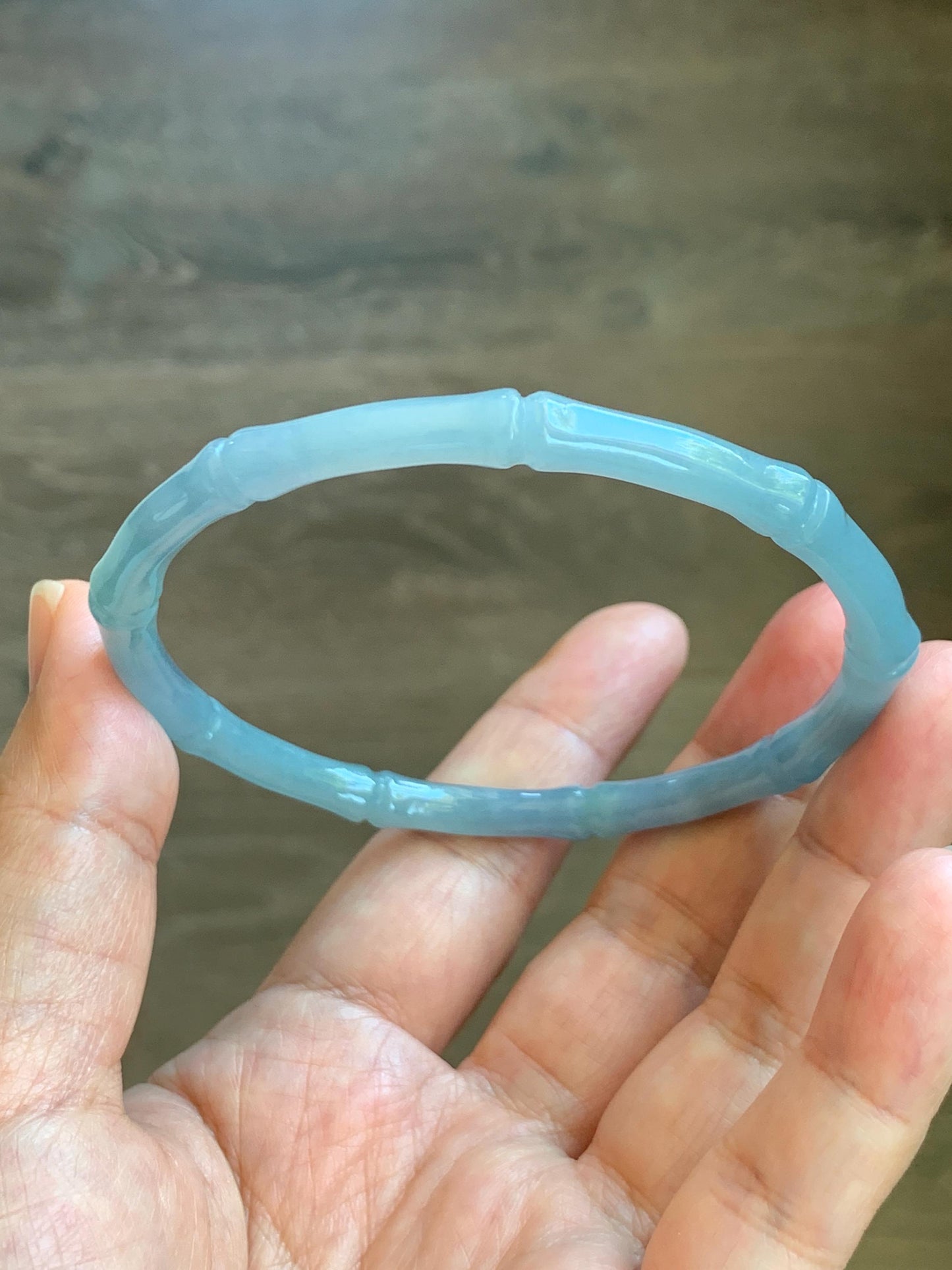 Certified Natural Grade A Guatemalan Icy Translucent Light Dusty Blue Jade Jadeite Carved Bamboo Bangle 65mm 8.04” 18g 天然冰危淡篮翡翠竹节细手镯 1169