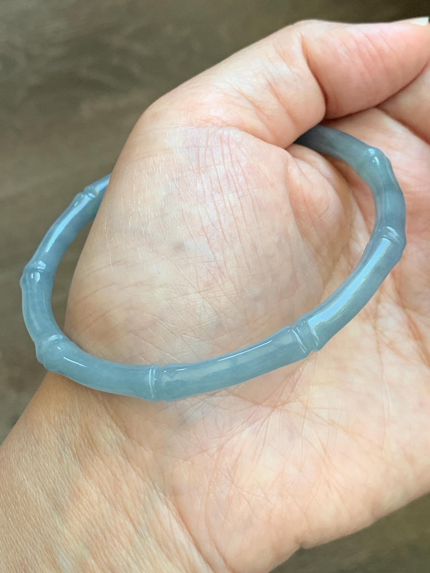 Certified Natural Grade A Guatemalan Icy Translucent Light Dusty Blue Jade Jadeite Carved Bamboo Bangle 65mm 8.04” 18g 天然冰危淡篮翡翠竹节细手镯 1169