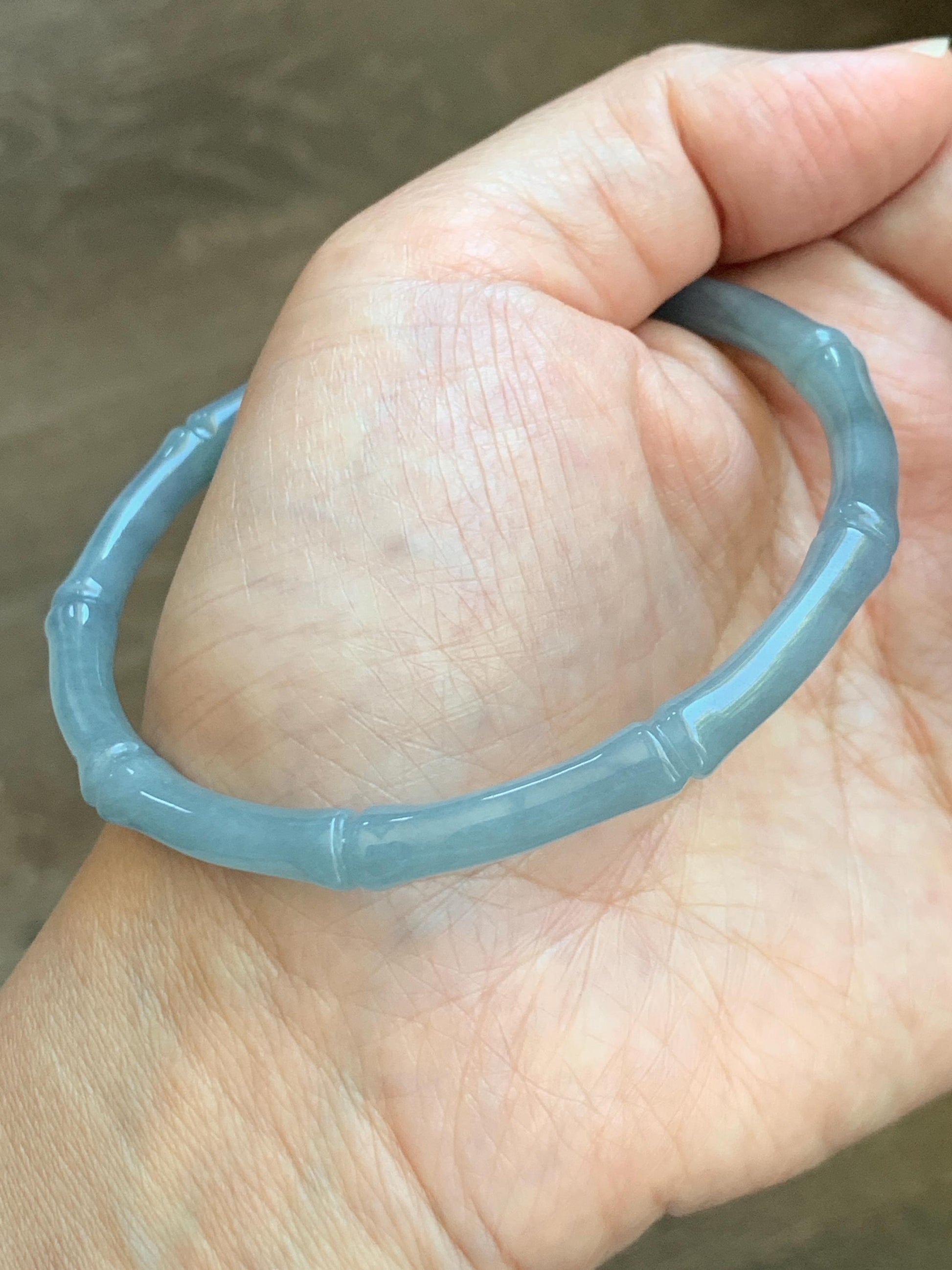 Certified Natural Grade A Guatemalan Icy Translucent Light Dusty Blue Jade Jadeite Carved Bamboo Bangle 65mm 8.04” 18g 天然冰危淡篮翡翠竹节细手镯 1169