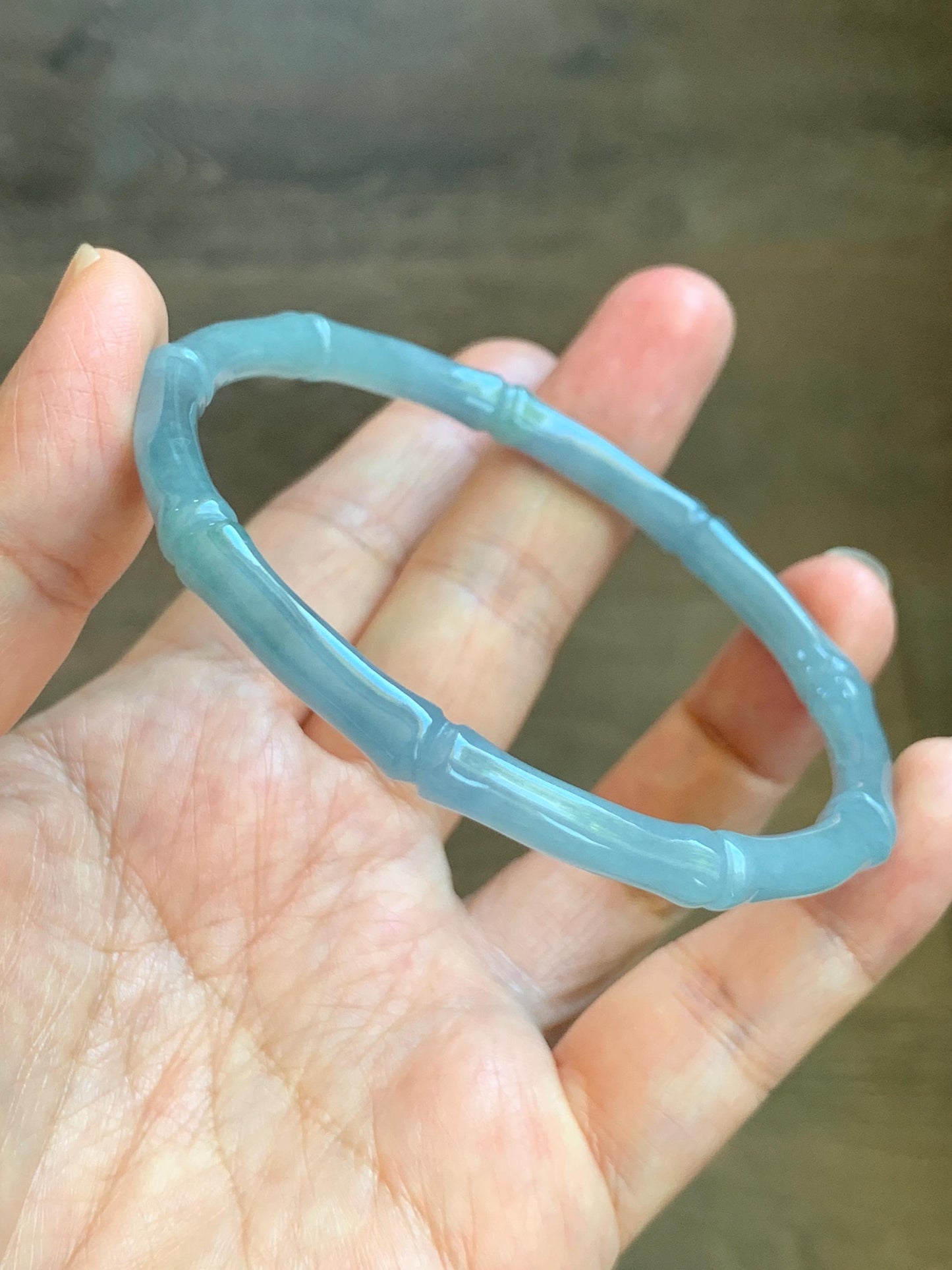 Certified Natural Grade A Guatemalan Icy Translucent Light Dusty Blue Jade Jadeite Carved Bamboo Bangle 65mm 8.04” 18g 天然冰危淡篮翡翠竹节细手镯 1169