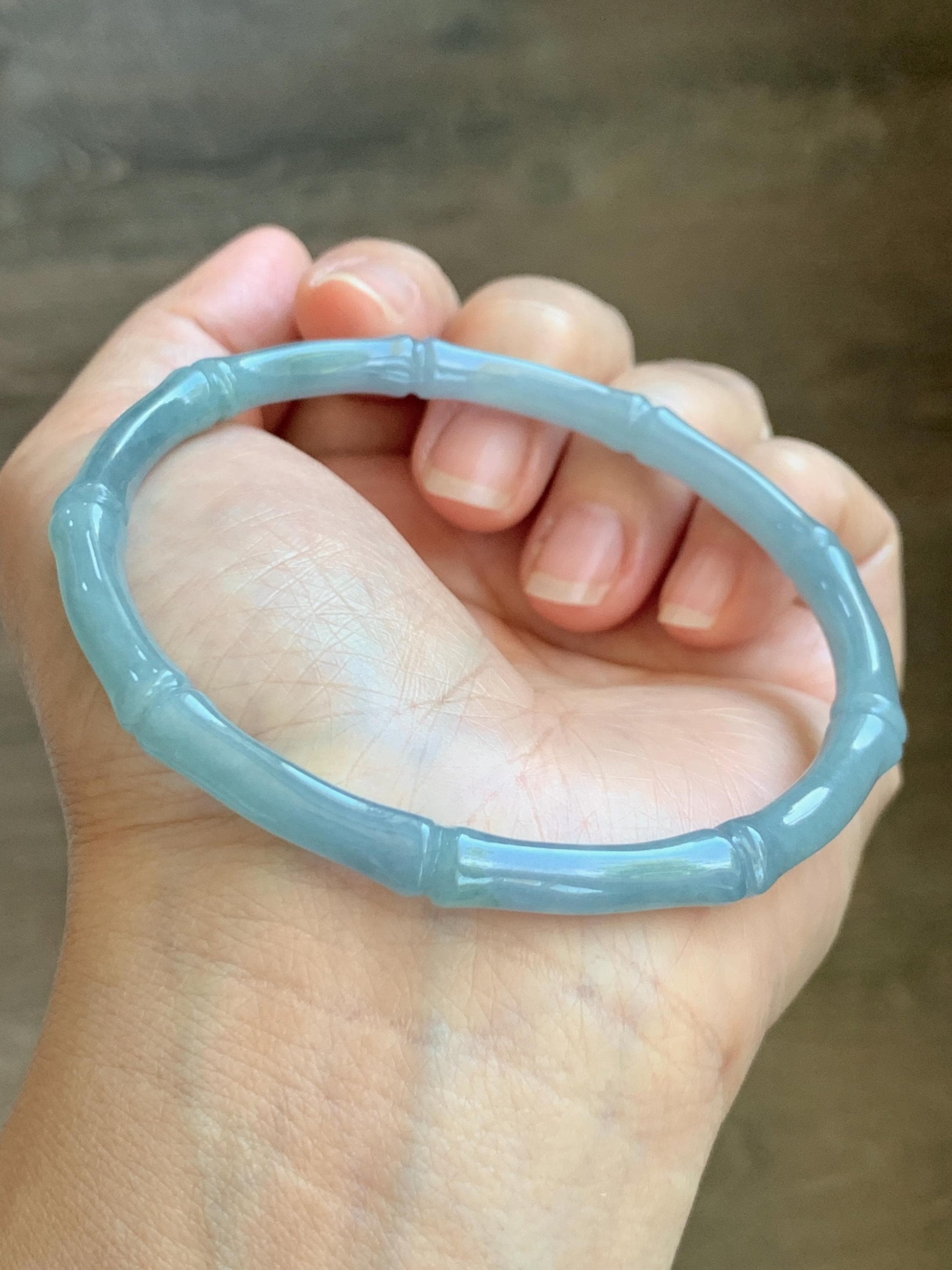 Certified Natural Grade A Guatemalan Icy Translucent Light Dusty Blue Jade Jadeite Carved Bamboo Bangle 65mm 8.04” 18g 天然冰危淡篮翡翠竹节细手镯 1169