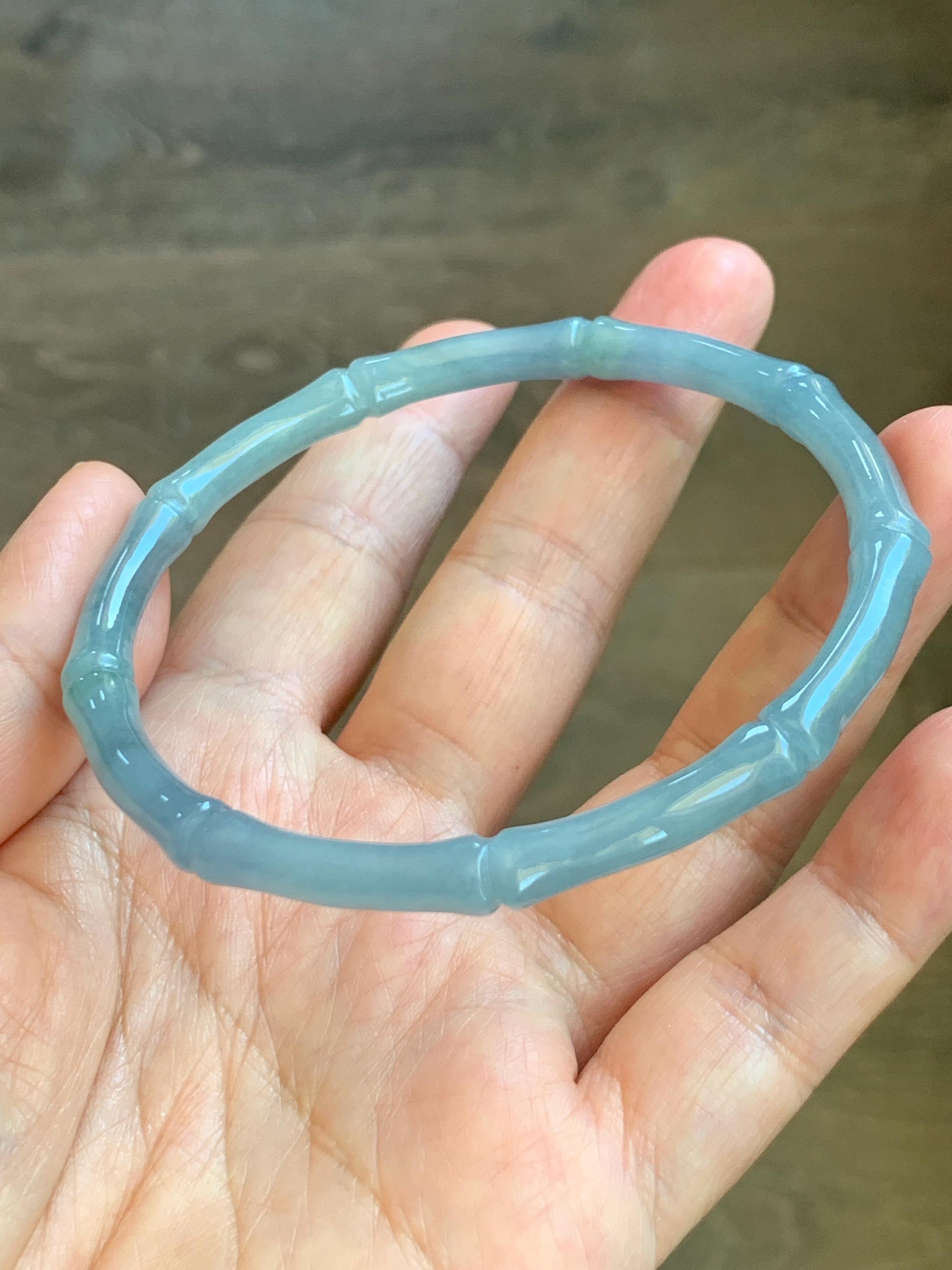 Certified Natural Grade A Guatemalan Icy Translucent Light Dusty Blue Jade Jadeite Carved Bamboo Bangle 65mm 8.04” 18g 天然冰危淡篮翡翠竹节细手镯 1169