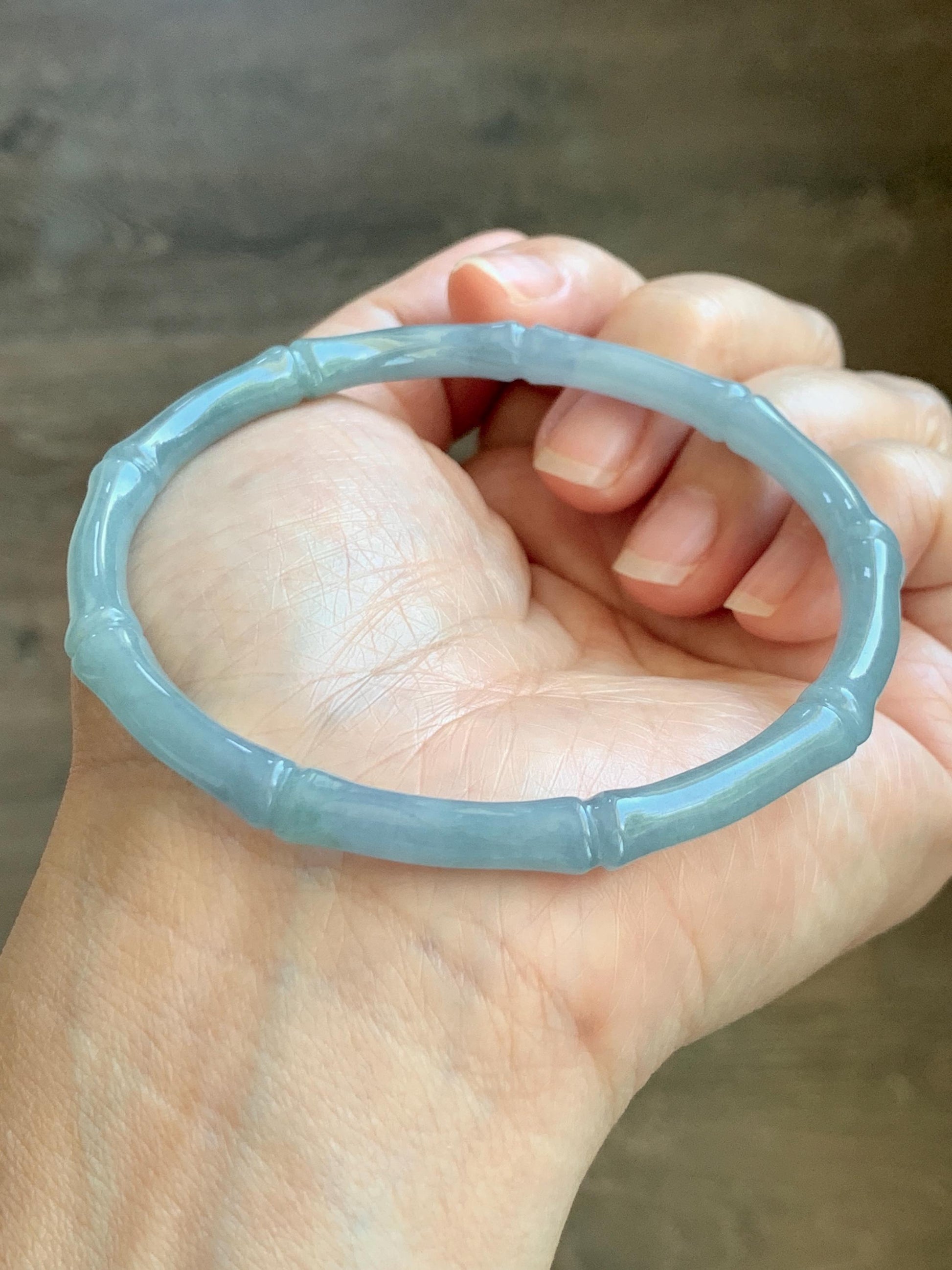 Certified Natural Grade A Guatemalan Icy Translucent Light Dusty Blue Jade Jadeite Carved Bamboo Bangle 65mm 8.04” 18g 天然冰危淡篮翡翠竹节细手镯 1169
