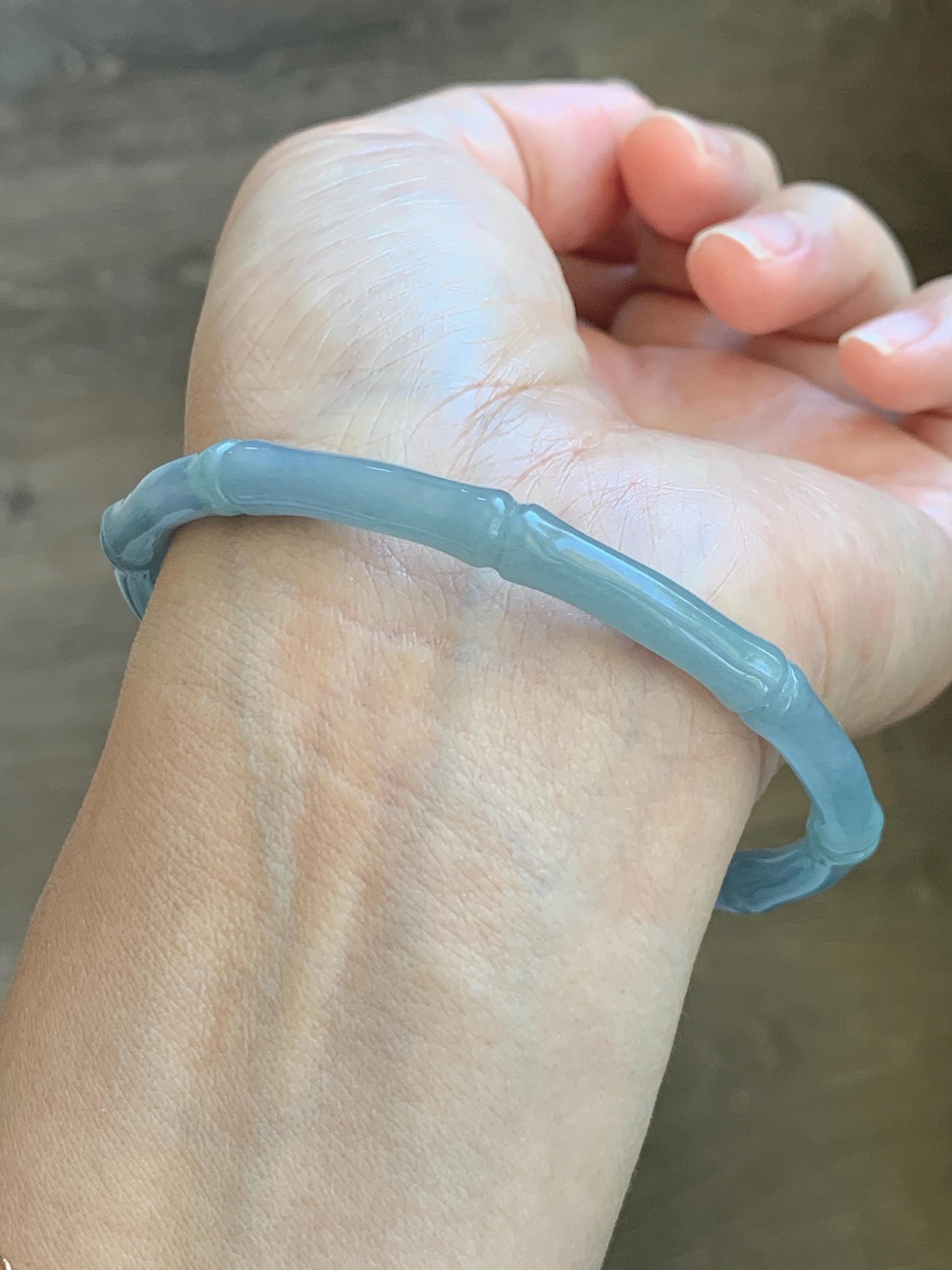 Certified Natural Grade A Guatemalan Icy Translucent Light Dusty Blue Jade Jadeite Carved Bamboo Bangle 65mm 8.04” 18g 天然冰危淡篮翡翠竹节细手镯 1169