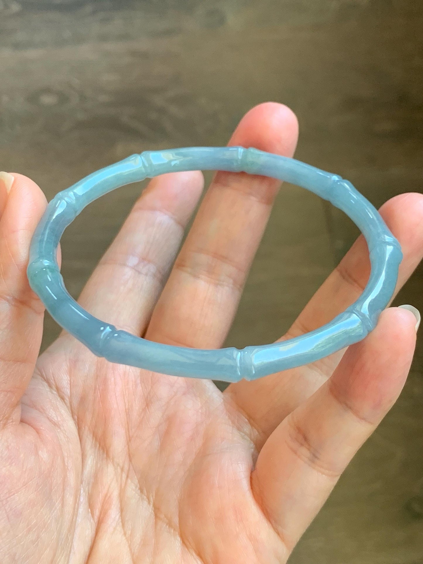 Certified Natural Grade A Guatemalan Icy Translucent Light Dusty Blue Jade Jadeite Carved Bamboo Bangle 65mm 8.04” 18g 天然冰危淡篮翡翠竹节细手镯 1169