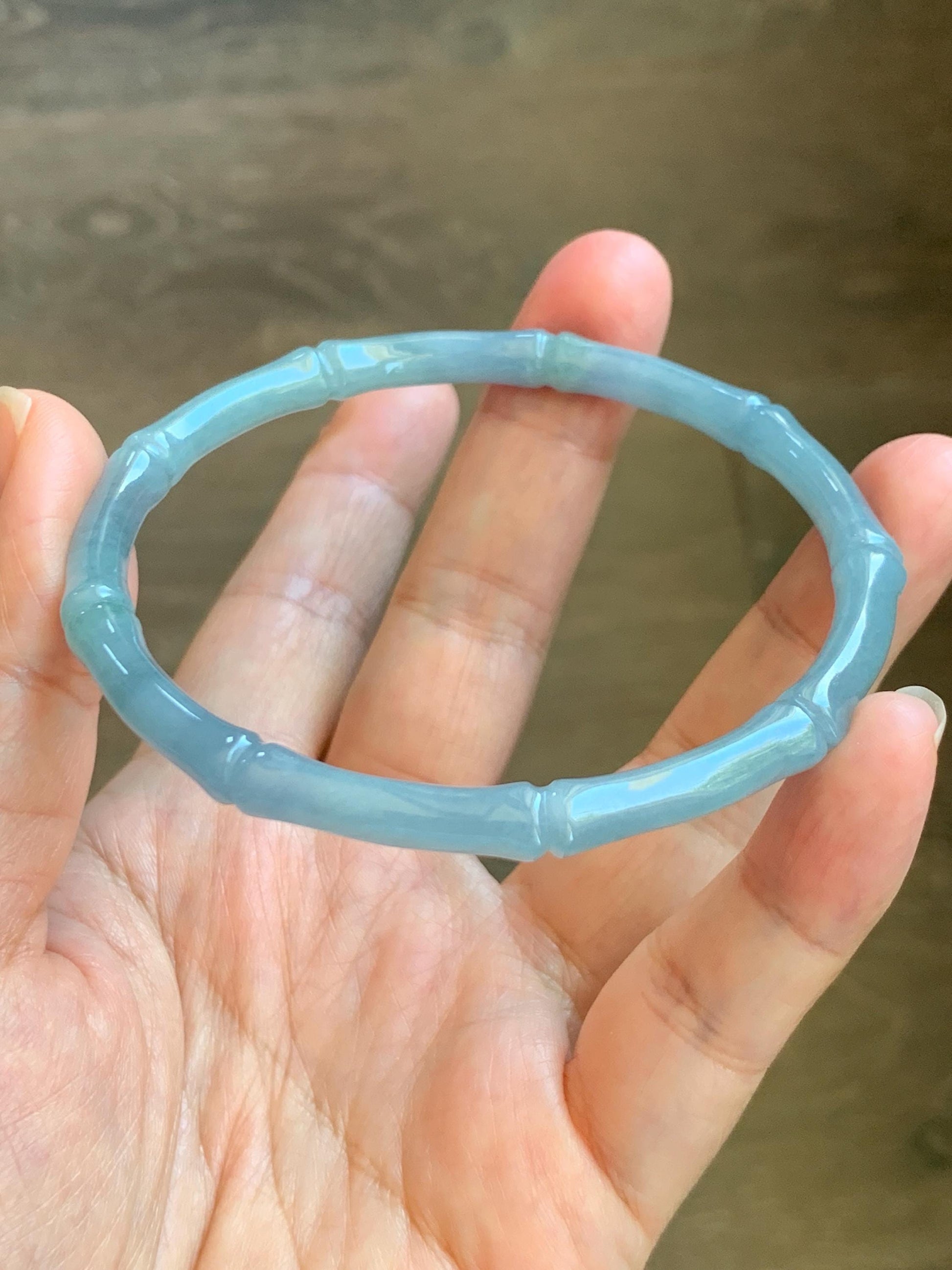 Certified Natural Grade A Guatemalan Icy Translucent Light Dusty Blue Jade Jadeite Carved Bamboo Bangle 65mm 8.04” 18g 天然冰危淡篮翡翠竹节细手镯 1169