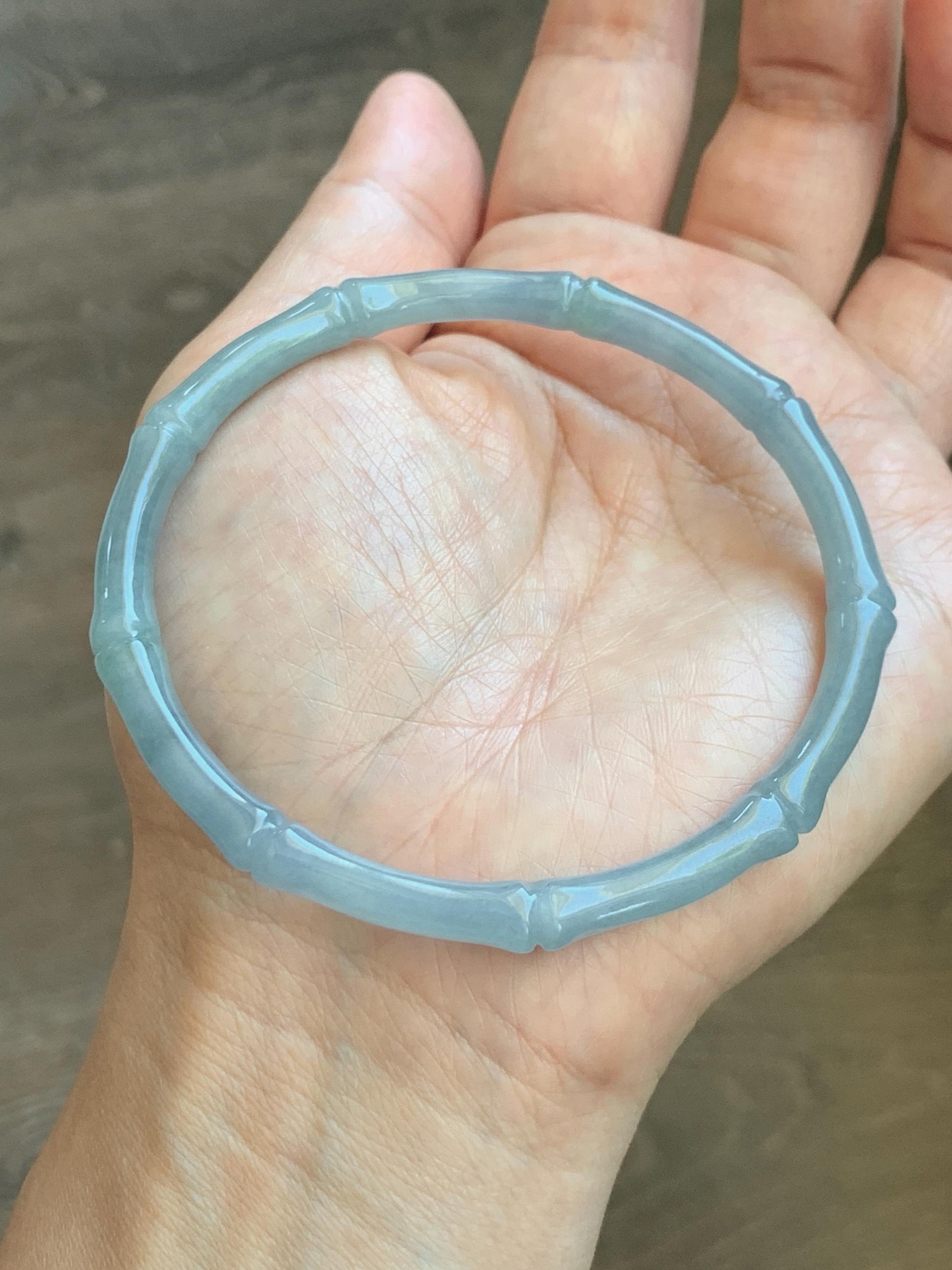 Certified Natural Grade A Guatemalan Icy Translucent Light Dusty Blue Jade Jadeite Carved Bamboo Bangle 65mm 8.04” 18g 天然冰危淡篮翡翠竹节细手镯 1169
