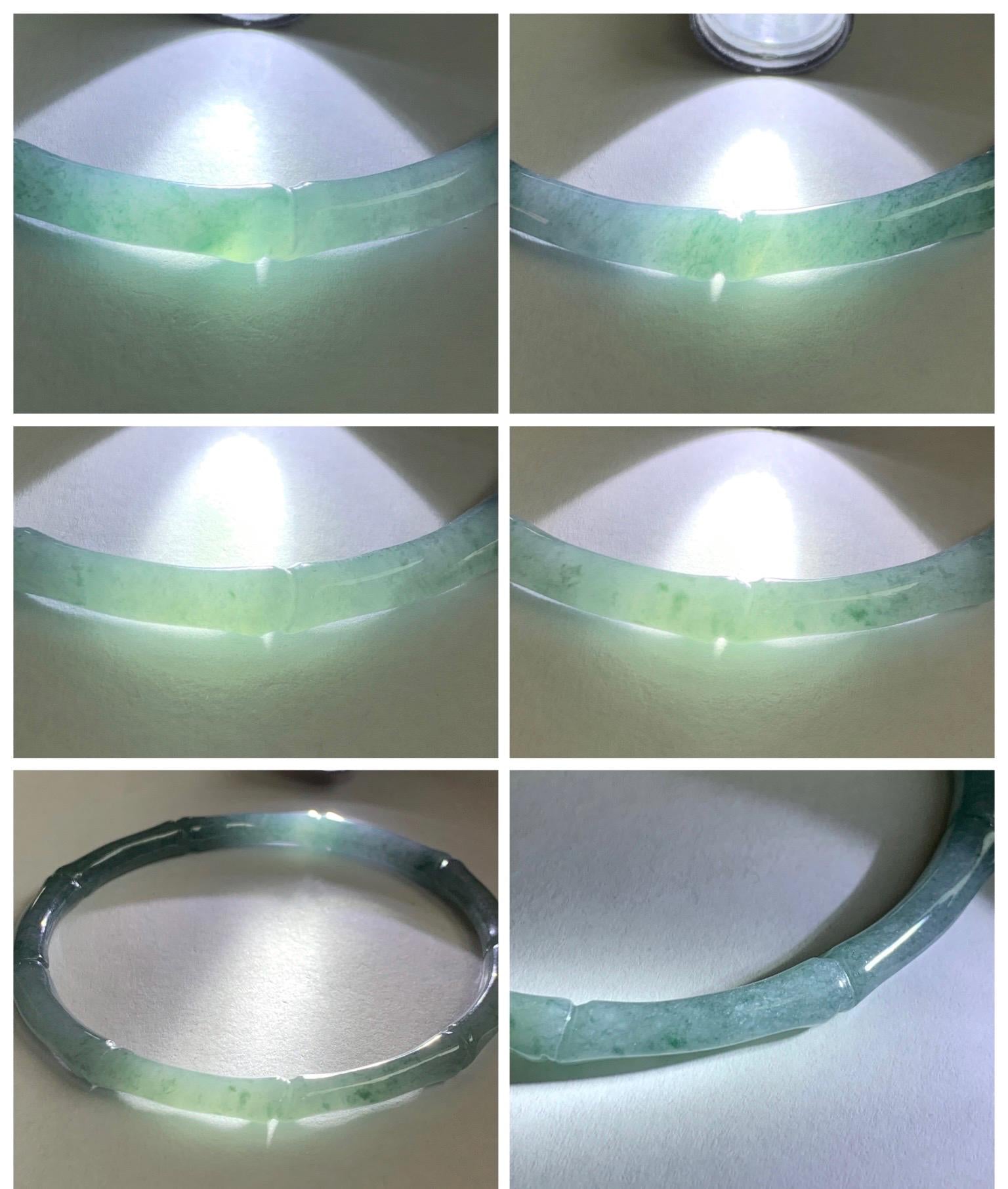 Certified Natural Grade A Guatemalan Icy Translucent Dusty Teal Blue Jade Jadeite Carved Bamboo Bangle 59.6mm 7.37” 14g 天然冰危篮绿翡翠竹节细手镯 1170