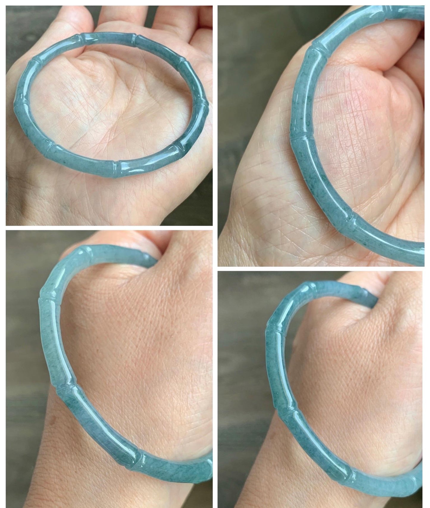 Certified Natural Grade A Guatemalan Icy Translucent Dusty Teal Blue Jade Jadeite Carved Bamboo Bangle 59.6mm 7.37” 14g 天然冰危篮绿翡翠竹节细手镯 1170