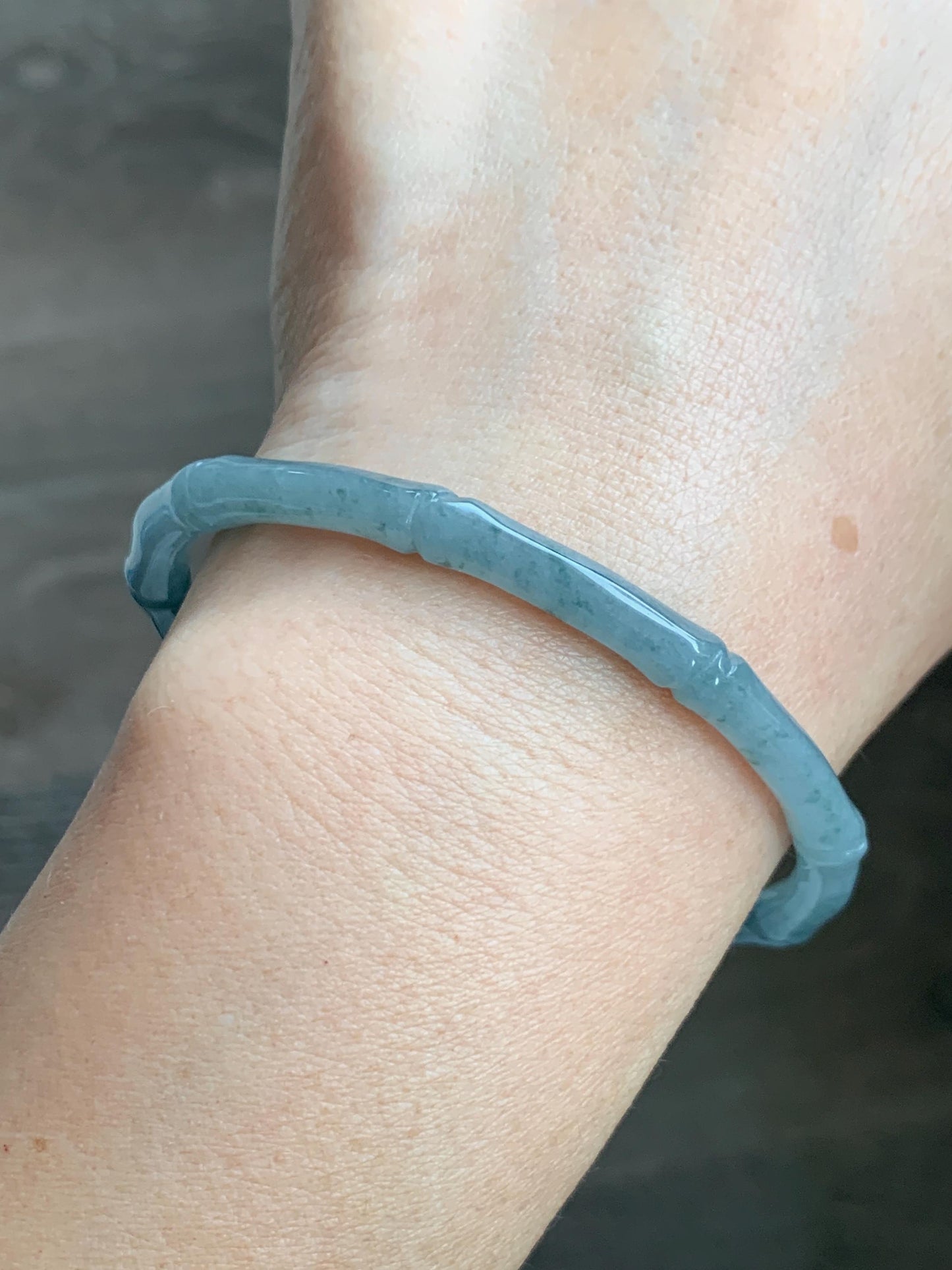 Certified Natural Grade A Guatemalan Icy Translucent Dusty Teal Blue Jade Jadeite Carved Bamboo Bangle 59.6mm 7.37” 14g 天然冰危篮绿翡翠竹节细手镯 1170