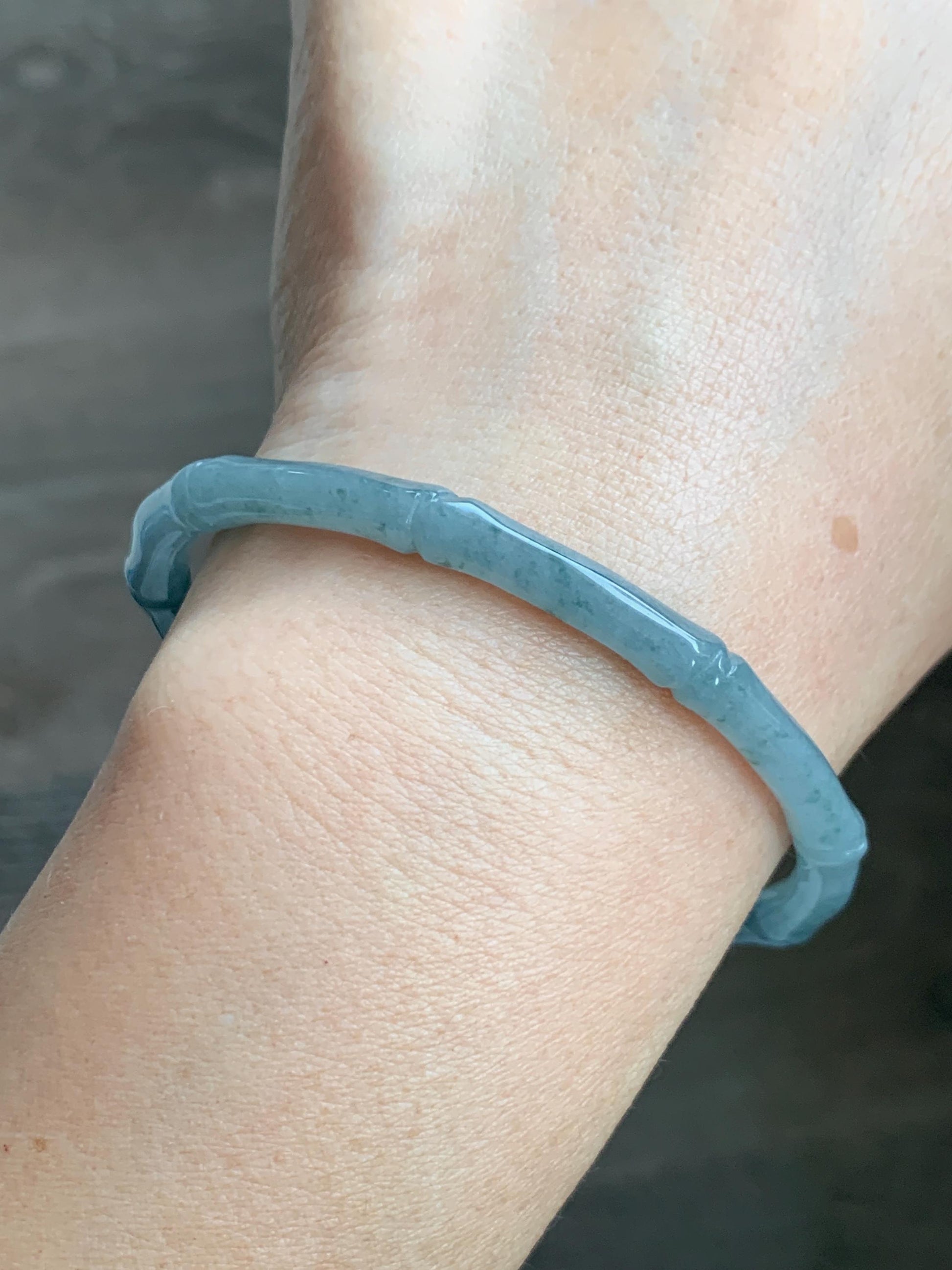 Certified Natural Grade A Guatemalan Icy Translucent Dusty Teal Blue Jade Jadeite Carved Bamboo Bangle 59.6mm 7.37” 14g 天然冰危篮绿翡翠竹节细手镯 1170