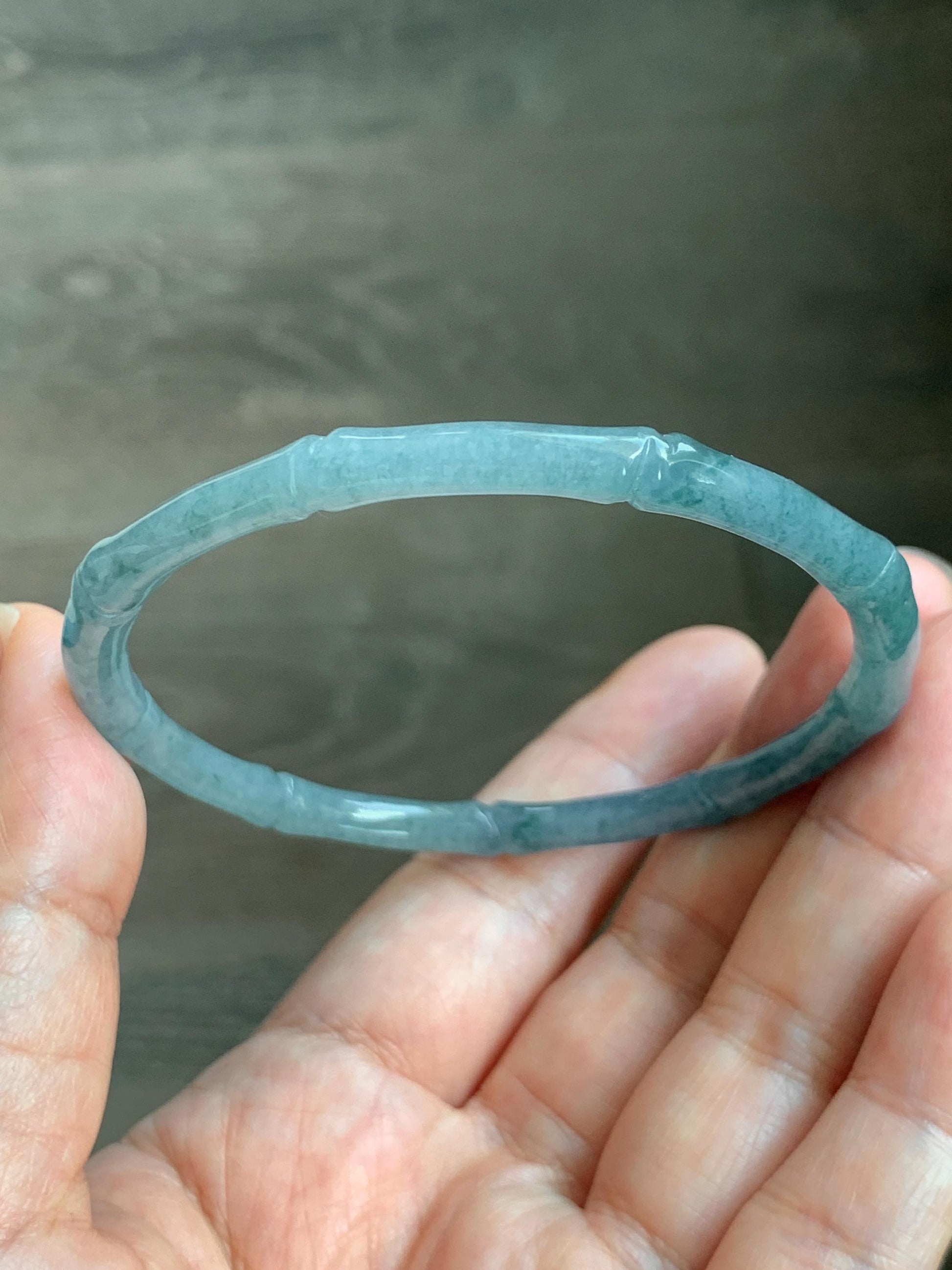 Certified Natural Grade A Guatemalan Icy Translucent Dusty Teal Blue Jade Jadeite Carved Bamboo Bangle 59.6mm 7.37” 14g 天然冰危篮绿翡翠竹节细手镯 1170