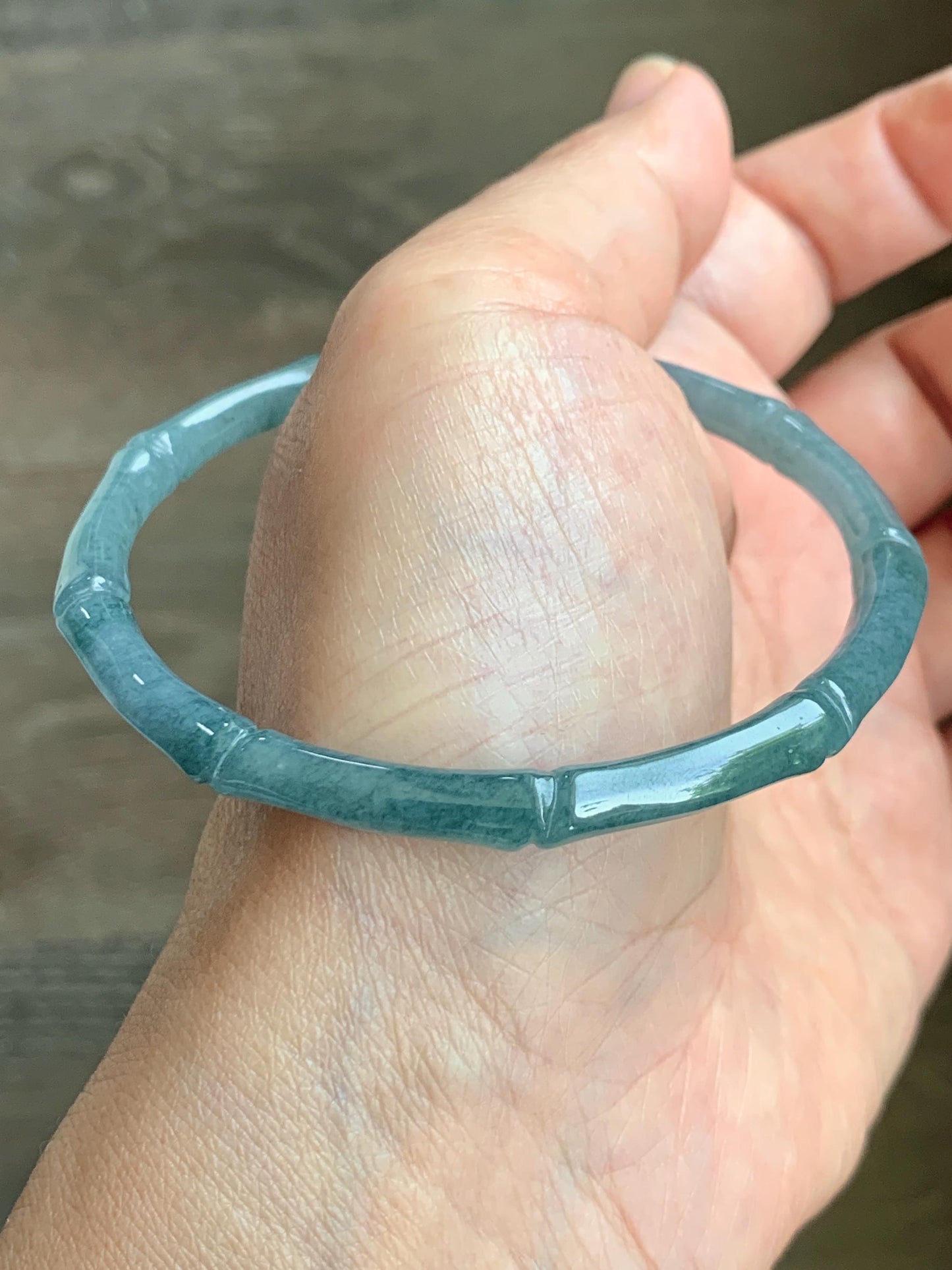 Certified Natural Grade A Guatemalan Icy Translucent Dusty Teal Blue Jade Jadeite Carved Bamboo Bangle 59.6mm 7.37” 14g 天然冰危篮绿翡翠竹节细手镯 1170