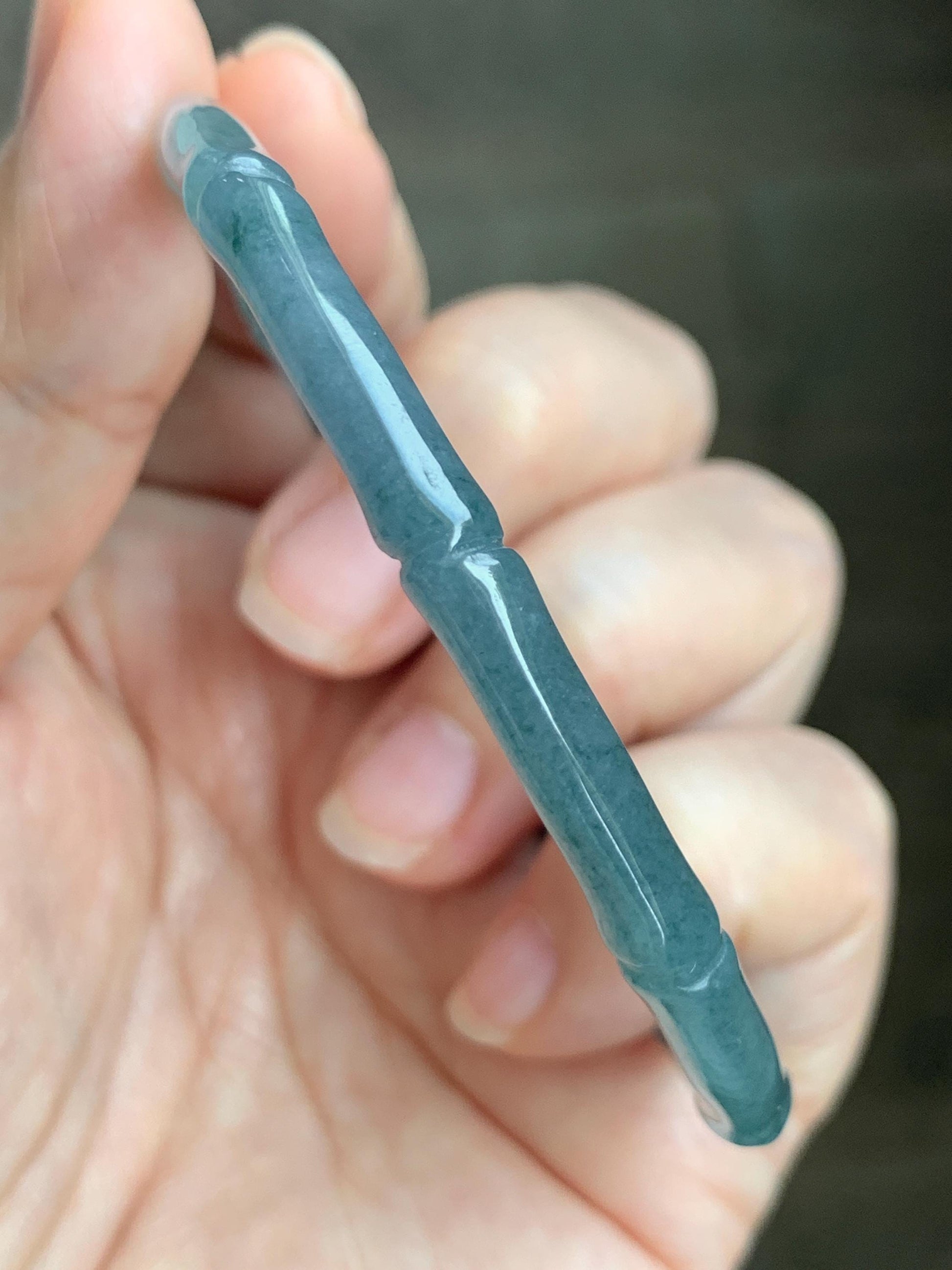 Certified Natural Grade A Guatemalan Icy Translucent Dusty Teal Blue Jade Jadeite Carved Bamboo Bangle 59.6mm 7.37” 14g 天然冰危篮绿翡翠竹节细手镯 1170