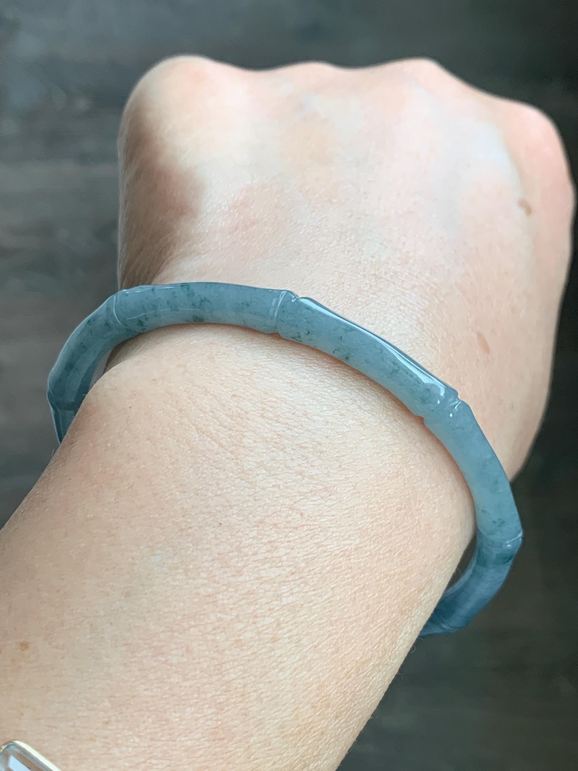 Certified Natural Grade A Guatemalan Icy Translucent Dusty Teal Blue Jade Jadeite Carved Bamboo Bangle 59.6mm 7.37” 14g 天然冰危篮绿翡翠竹节细手镯 1170