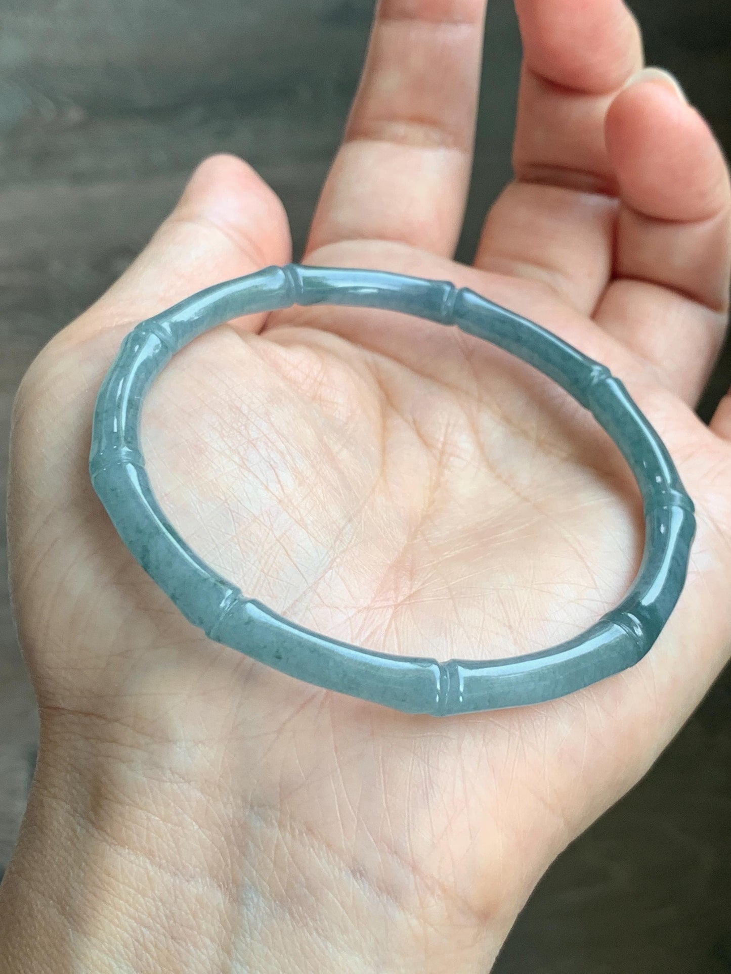 Certified Natural Grade A Guatemalan Icy Translucent Dusty Teal Blue Jade Jadeite Carved Bamboo Bangle 59.6mm 7.37” 14g 天然冰危篮绿翡翠竹节细手镯 1170