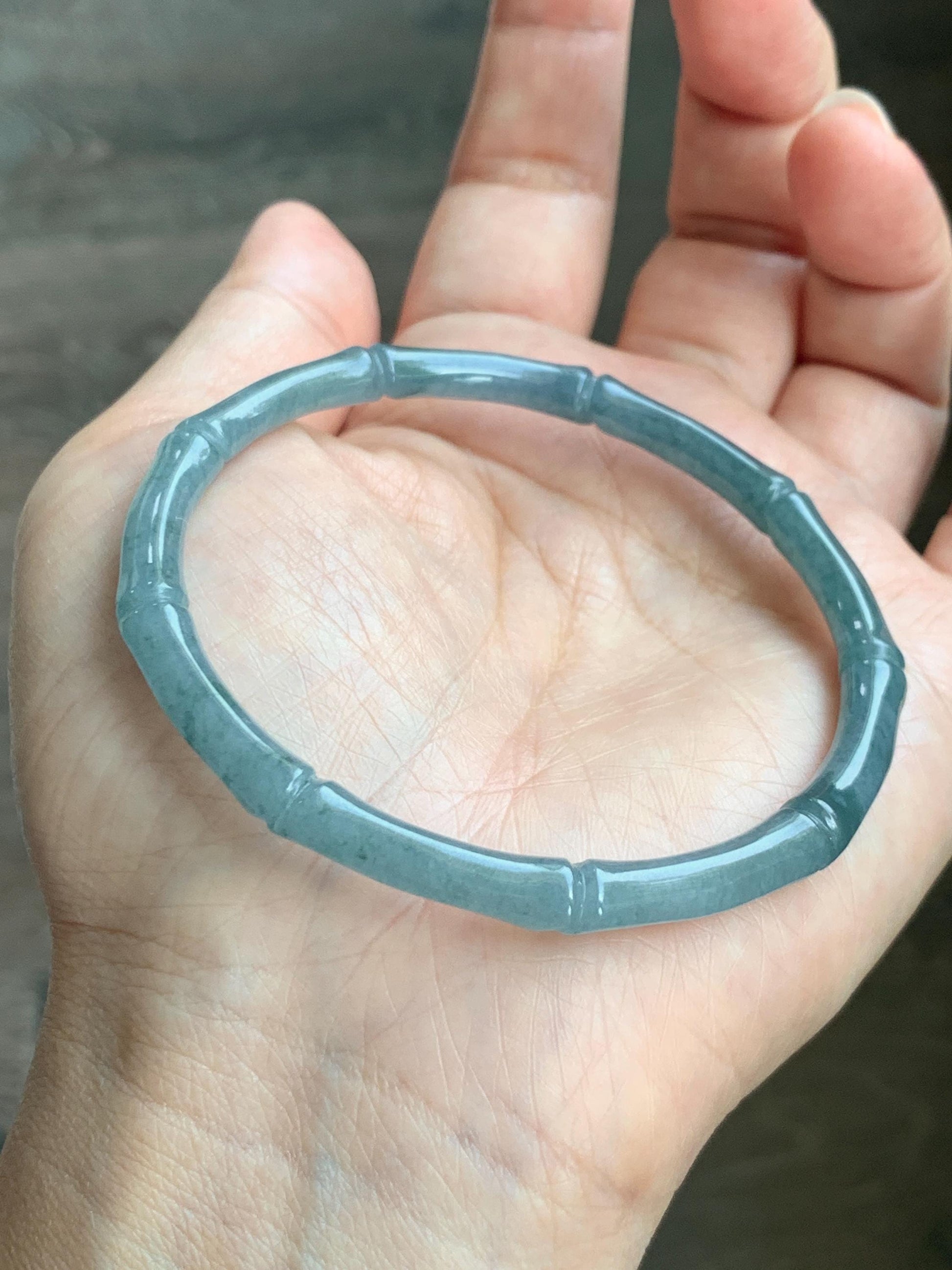 Certified Natural Grade A Guatemalan Icy Translucent Dusty Teal Blue Jade Jadeite Carved Bamboo Bangle 59.6mm 7.37” 14g 天然冰危篮绿翡翠竹节细手镯 1170