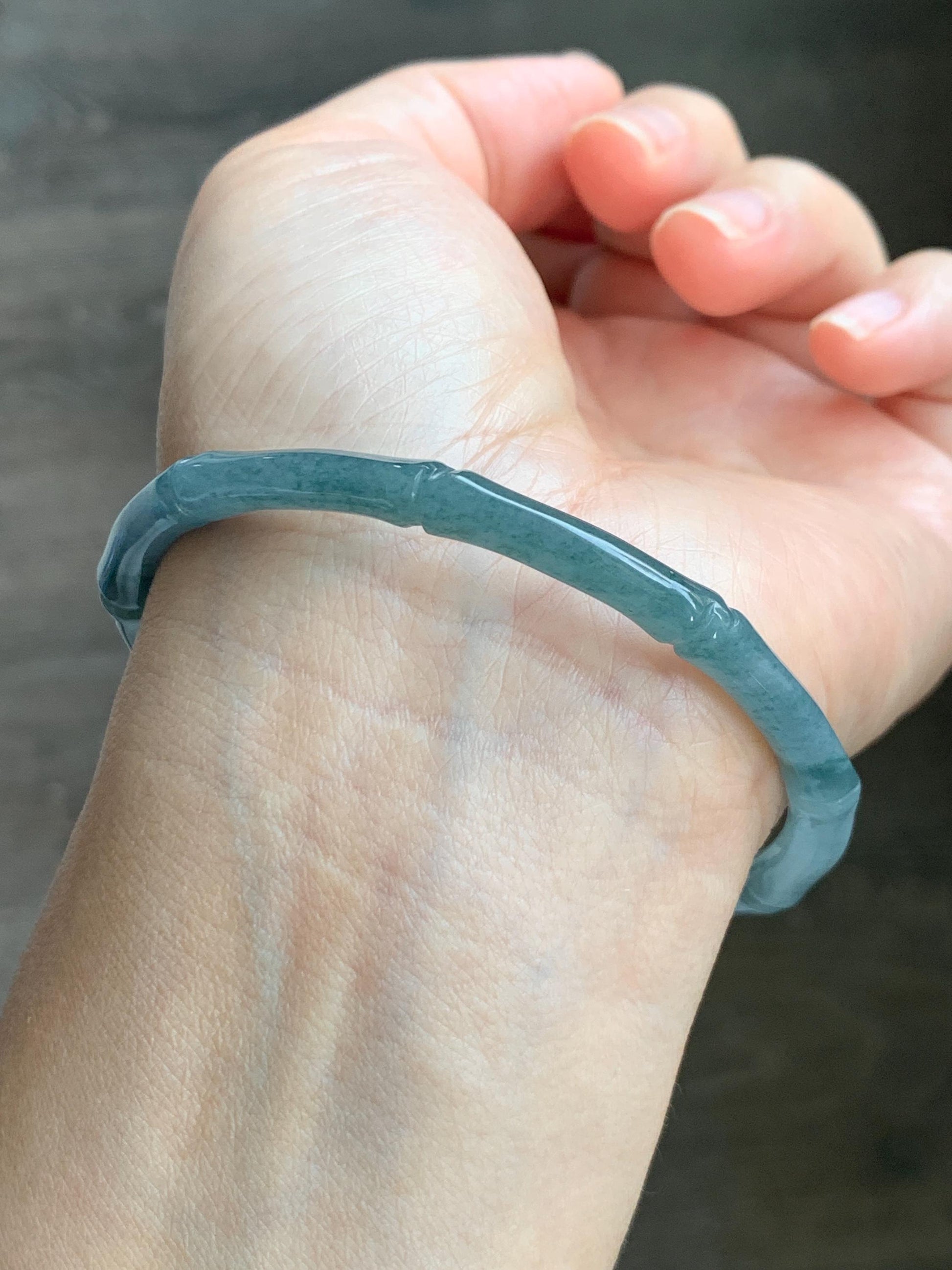 Certified Natural Grade A Guatemalan Icy Translucent Dusty Teal Blue Jade Jadeite Carved Bamboo Bangle 59.6mm 7.37” 14g 天然冰危篮绿翡翠竹节细手镯 1170