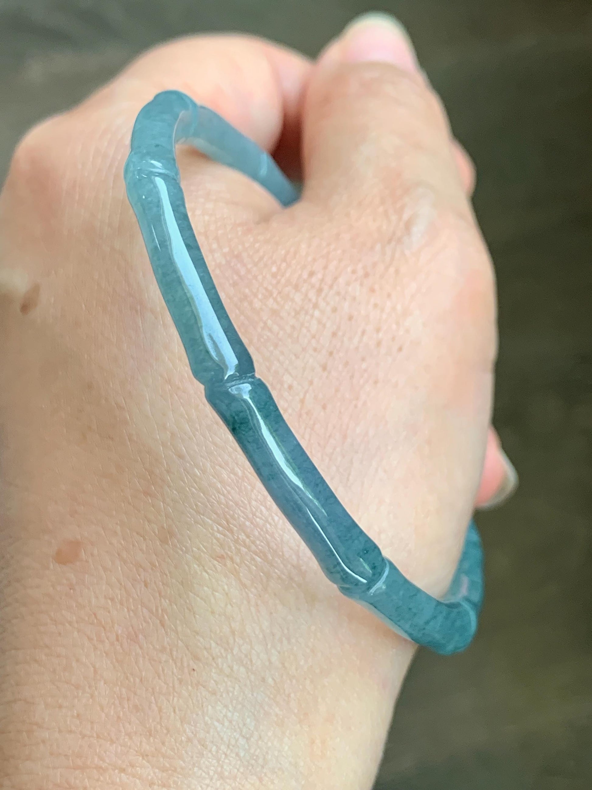 Certified Natural Grade A Guatemalan Icy Translucent Dusty Teal Blue Jade Jadeite Carved Bamboo Bangle 59.6mm 7.37” 14g 天然冰危篮绿翡翠竹节细手镯 1170