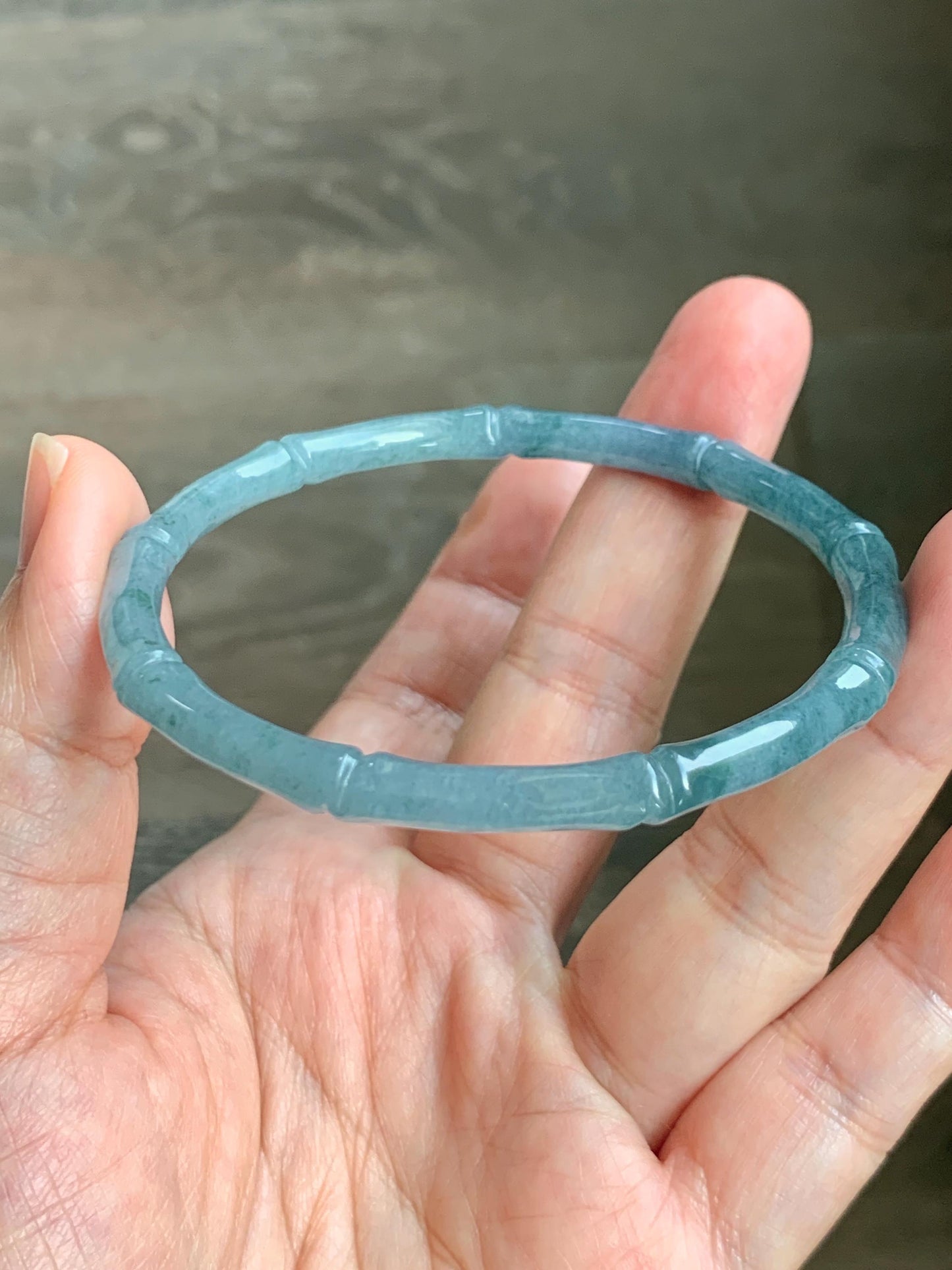 Certified Natural Grade A Guatemalan Icy Translucent Dusty Teal Blue Jade Jadeite Carved Bamboo Bangle 59.6mm 7.37” 14g 天然冰危篮绿翡翠竹节细手镯 1170
