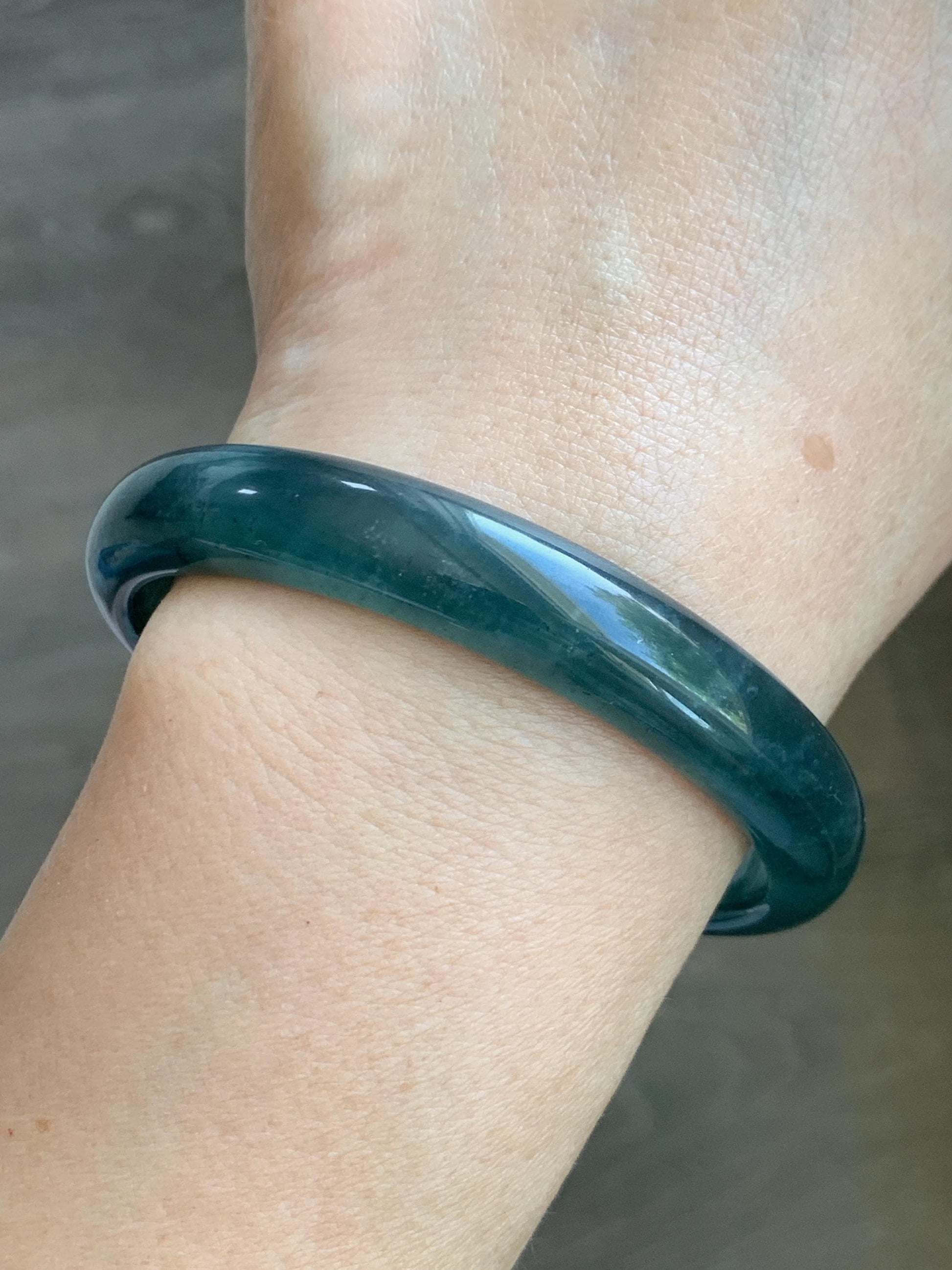Certified Natural Grade A Guatemalan Icy Translucent Dark Teal Blue Wuji Jade Jadeite Wide Bangle 58.6mm 7.24” 40.7g 天然冰危深蓝绿翡翠正圈手镯1215 AS IS