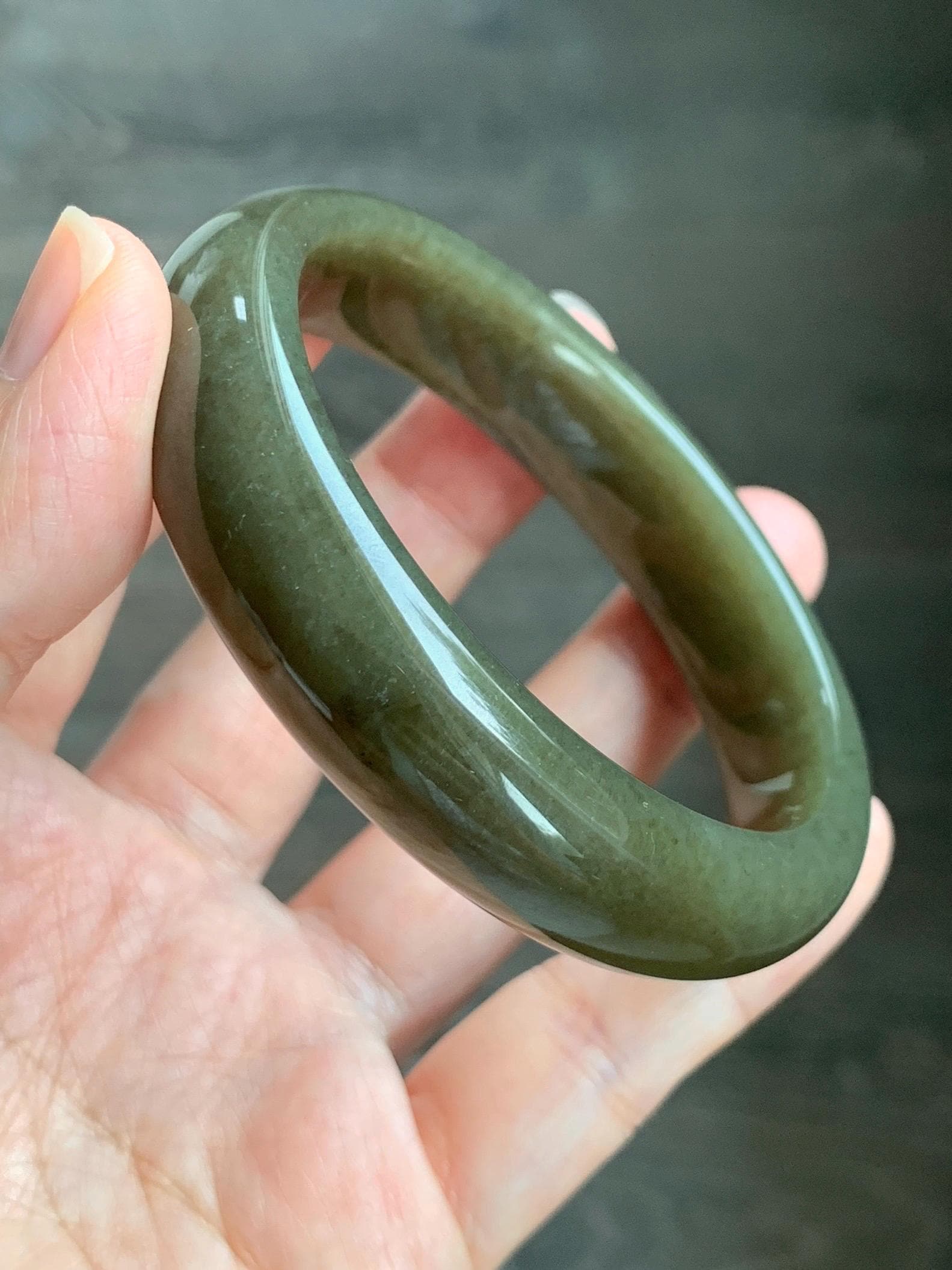 Certified Natural Nephrite Jade Translucent Dark Brown Olive Green Wide Bangle Bracelet 56.8mm 7” 60 grams 天然和田玉轮胎宽手镯 1197