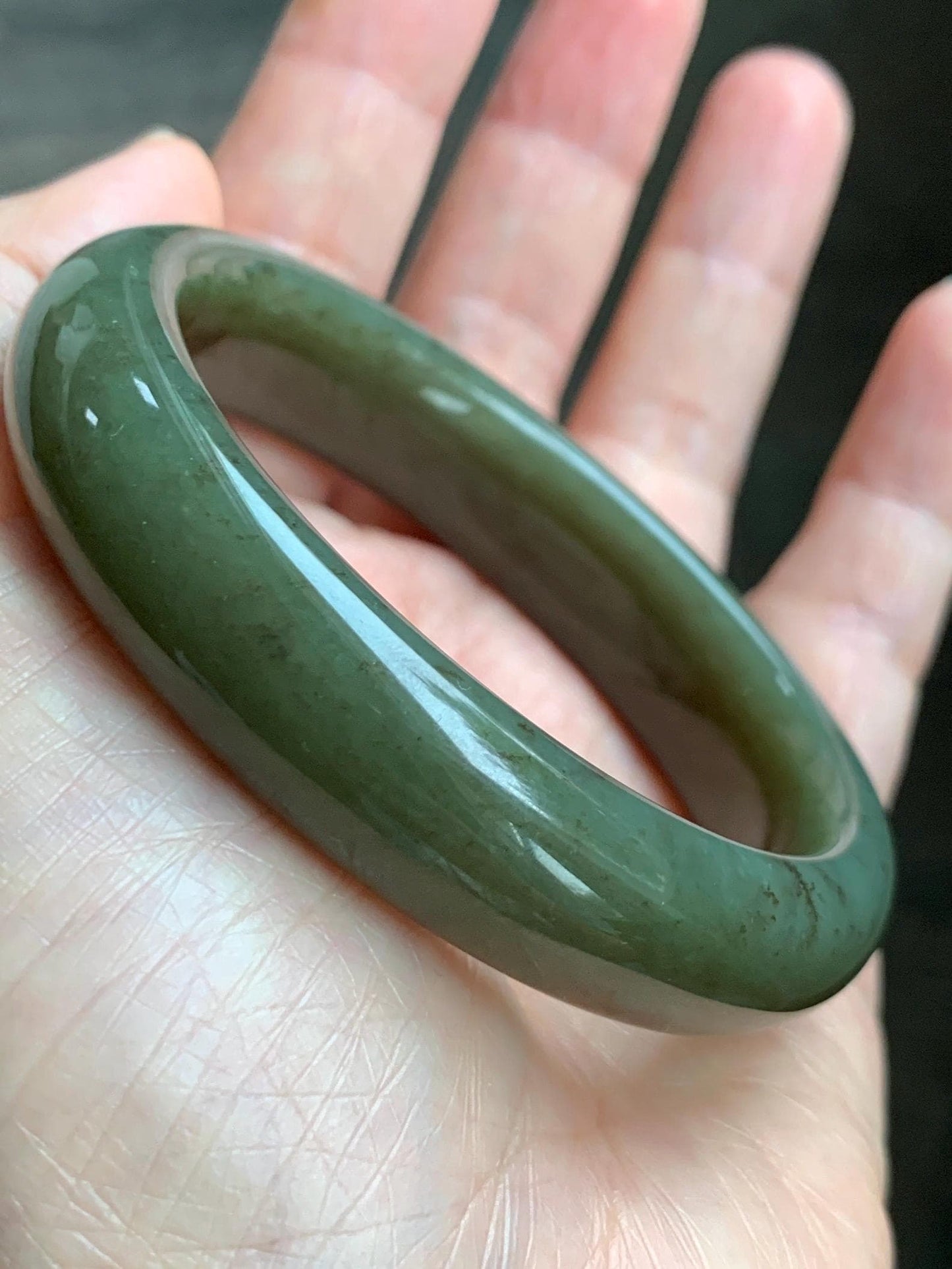 Certified Natural Nephrite Jade Translucent Dark Brown Olive Green Wide Bangle Bracelet 56.8mm 7” 60 grams 天然和田玉轮胎宽手镯 1197