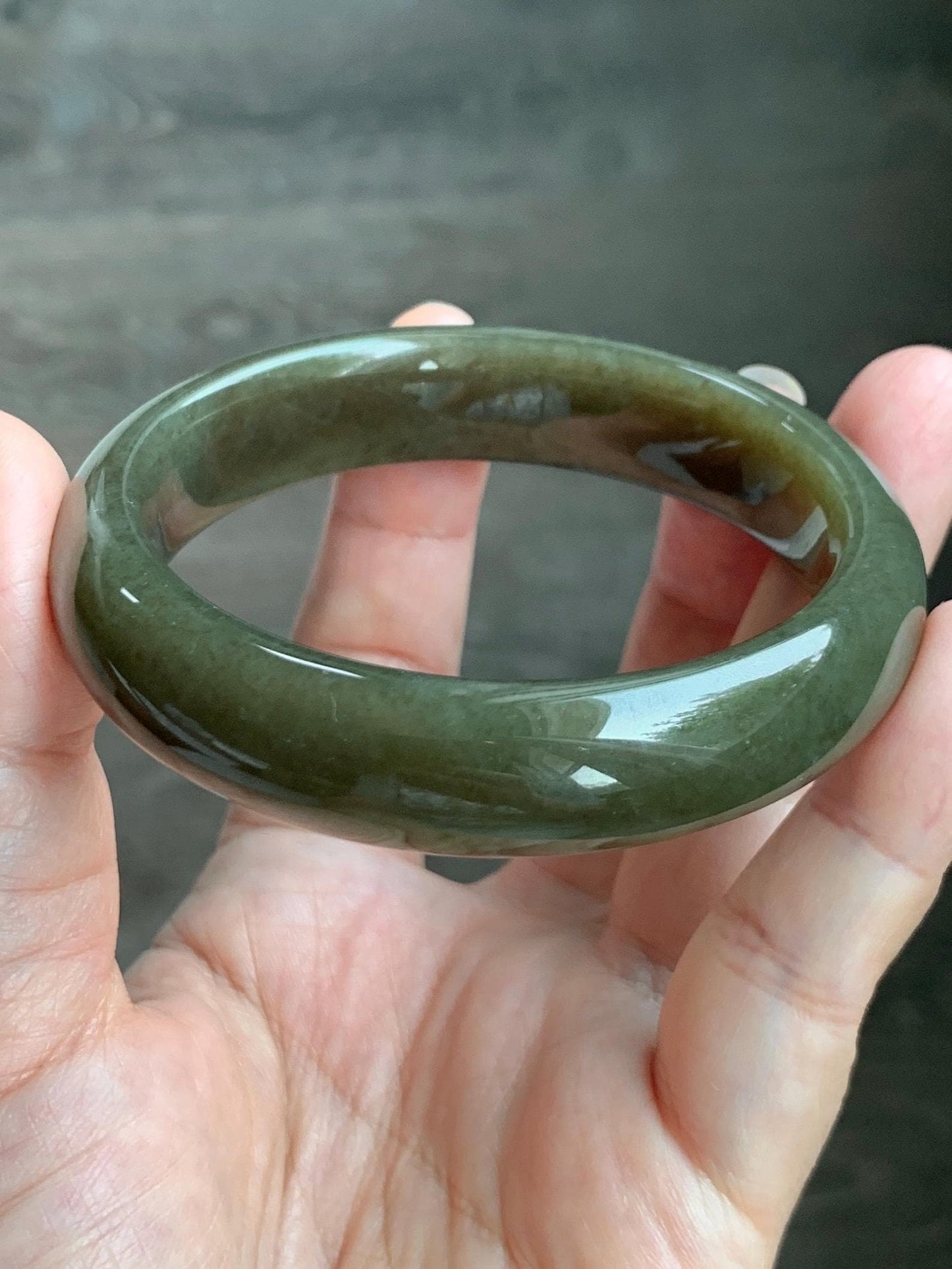 Certified Natural Nephrite Jade Translucent Dark Brown Olive Green Wide Bangle Bracelet 56.8mm 7” 60 grams 天然和田玉轮胎宽手镯 1197