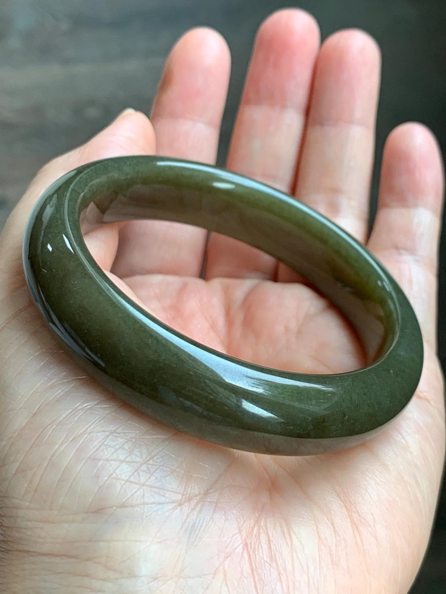 Certified Natural Nephrite Jade Translucent Dark Brown Olive Green Wide Bangle Bracelet 56.8mm 7” 60 grams 天然和田玉轮胎宽手镯 1197