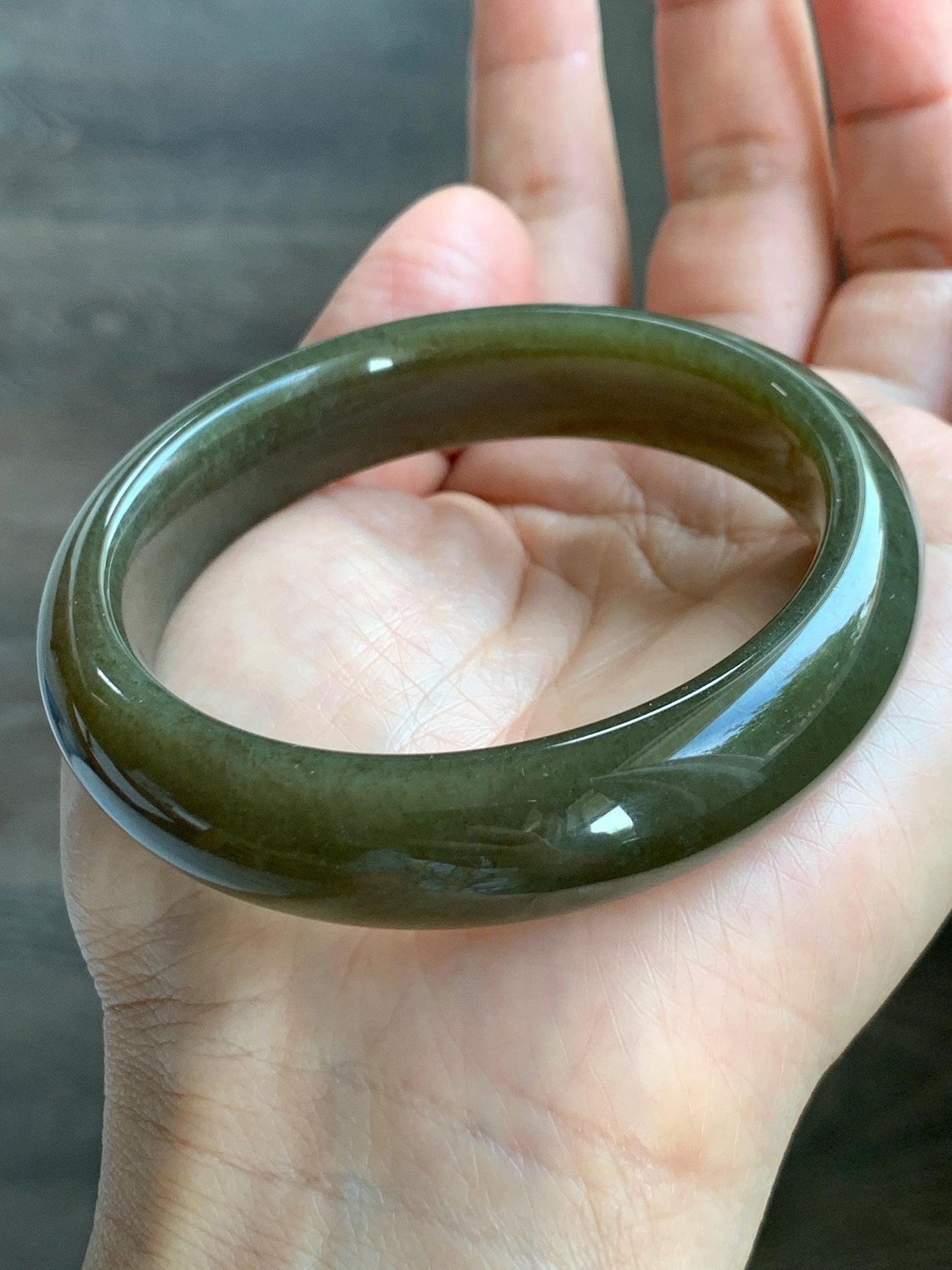 Certified Natural Nephrite Jade Translucent Dark Brown Olive Green Wide Bangle Bracelet 56.8mm 7” 60 grams 天然和田玉轮胎宽手镯 1197
