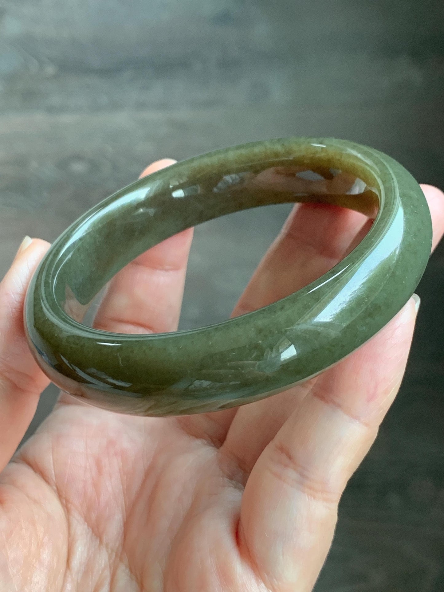 Certified Natural Nephrite Jade Translucent Dark Brown Olive Green Wide Bangle Bracelet 56.8mm 7” 60 grams 天然和田玉轮胎宽手镯 1197