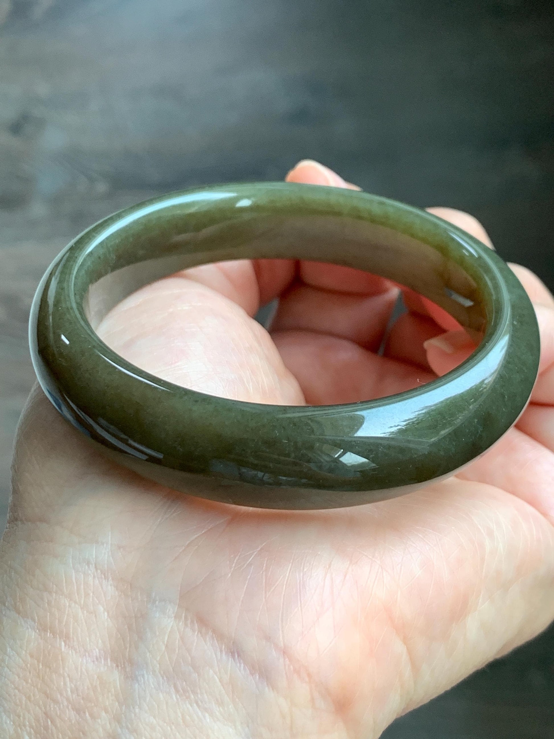 Certified Natural Nephrite Jade Translucent Dark Brown Olive Green Wide Bangle Bracelet 56.8mm 7” 60 grams 天然和田玉轮胎宽手镯 1197
