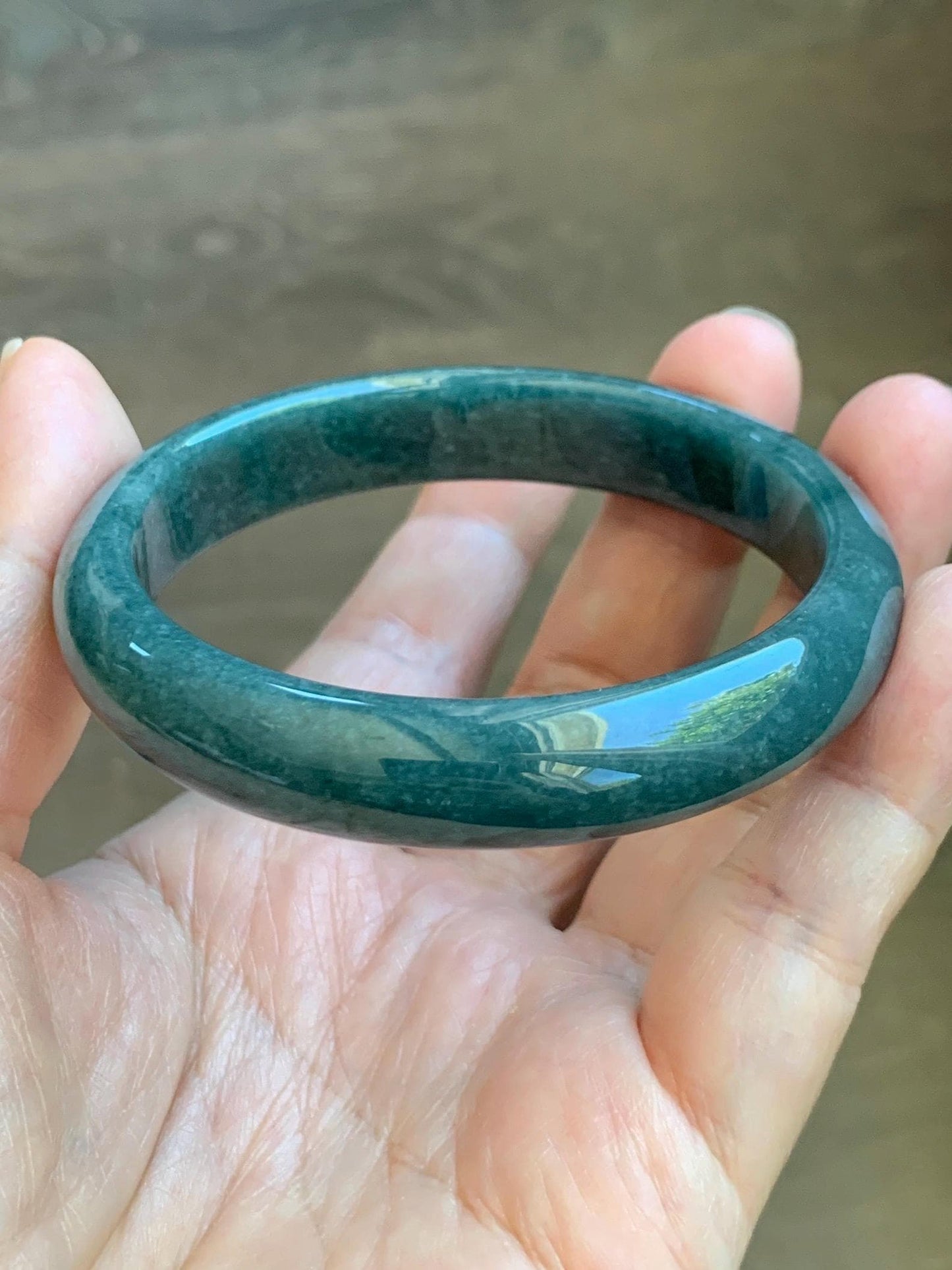 Certified Natural Grade A Guatemalan Icy Translucent Dark Teal Blue Jade Jadeite Wide Bangle 58mm 7.17” 45.6g 天然冰危蓝绿翡翠正圈宽版手镯 1234