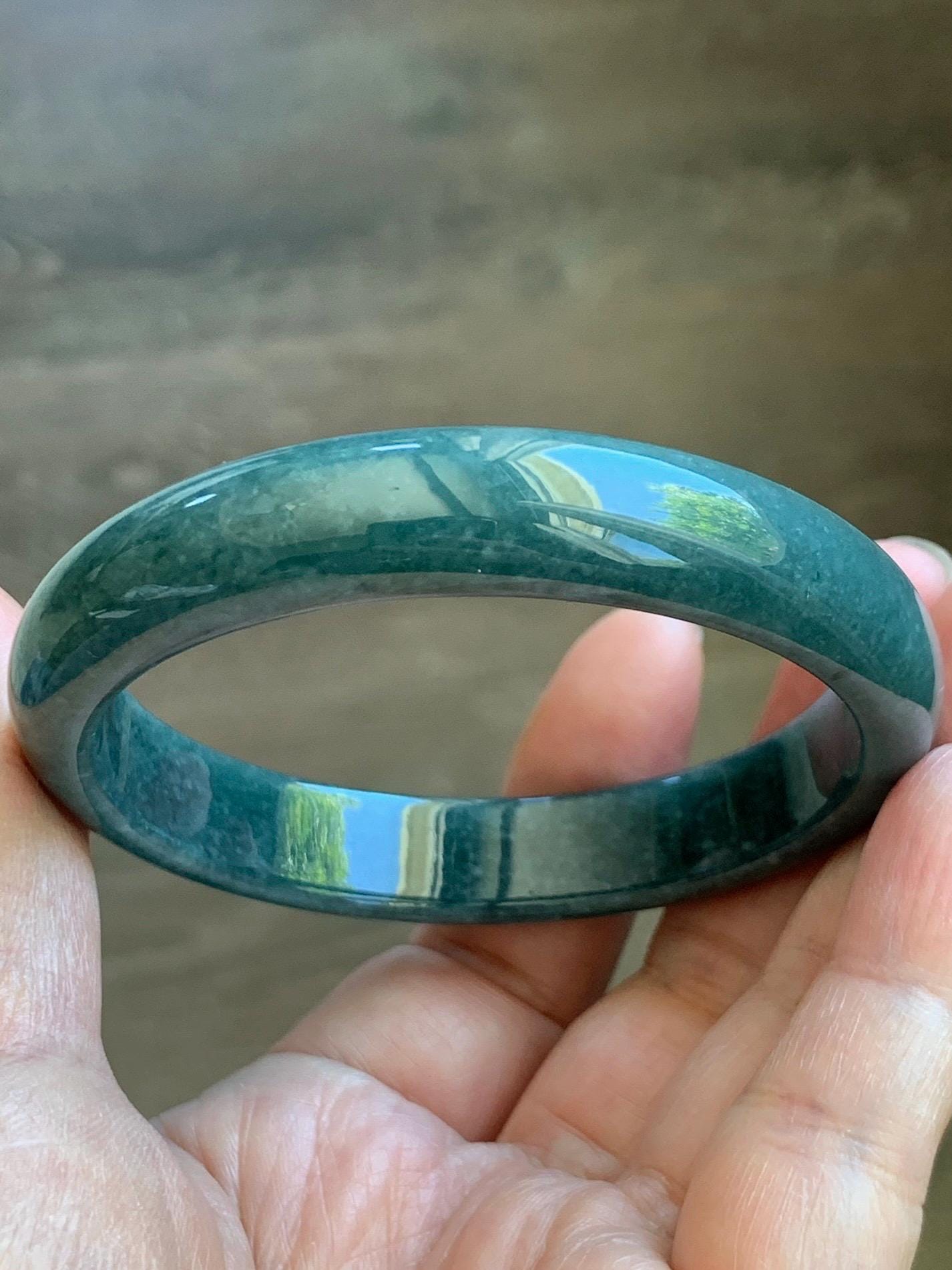 Certified Natural Grade A Guatemalan Icy Translucent Dark Teal Blue Jade Jadeite Wide Bangle 58mm 7.17” 45.6g 天然冰危蓝绿翡翠正圈宽版手镯 1234