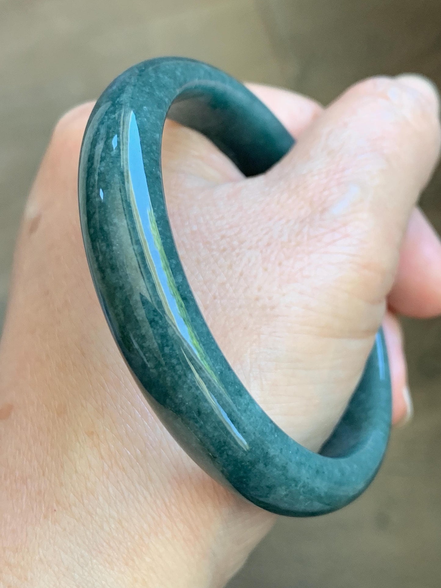 Certified Natural Grade A Guatemalan Icy Translucent Dark Teal Blue Jade Jadeite Wide Bangle 58mm 7.17” 45.6g 天然冰危蓝绿翡翠正圈宽版手镯 1234