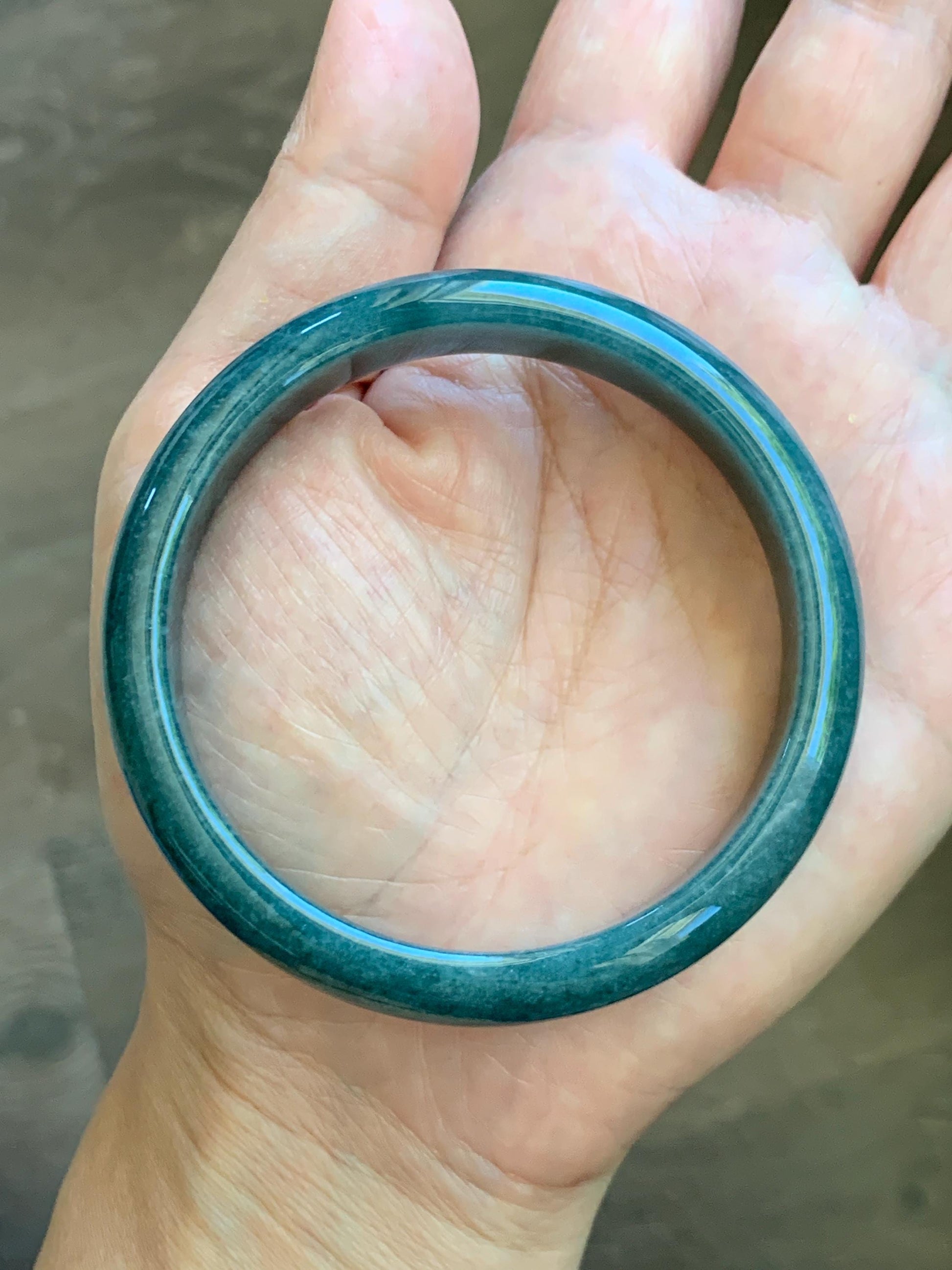Certified Natural Grade A Guatemalan Icy Translucent Dark Teal Blue Jade Jadeite Wide Bangle 58mm 7.17” 45.6g 天然冰危蓝绿翡翠正圈宽版手镯 1234