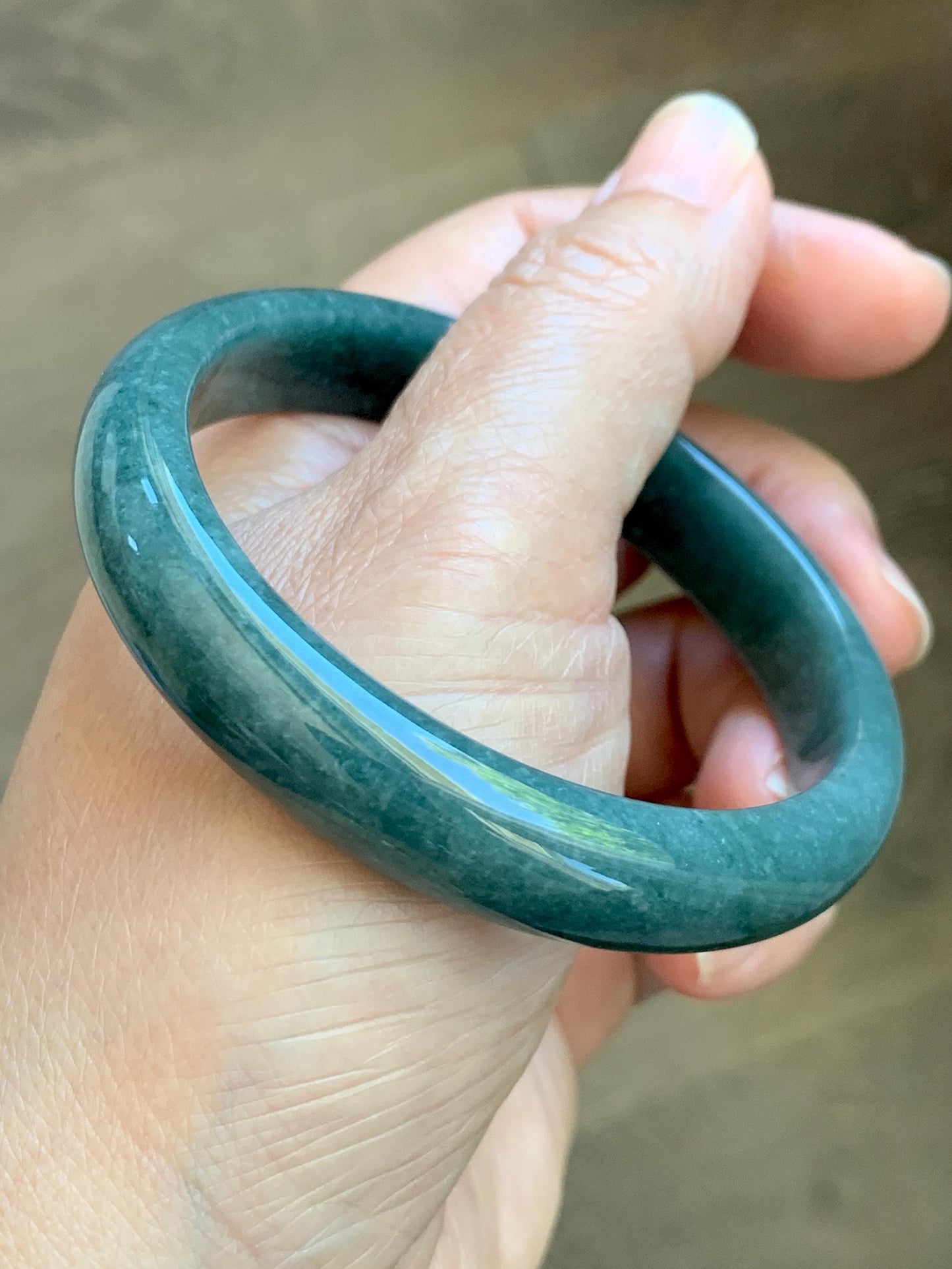 Certified Natural Grade A Guatemalan Icy Translucent Dark Teal Blue Jade Jadeite Wide Bangle 58mm 7.17” 45.6g 天然冰危蓝绿翡翠正圈宽版手镯 1234